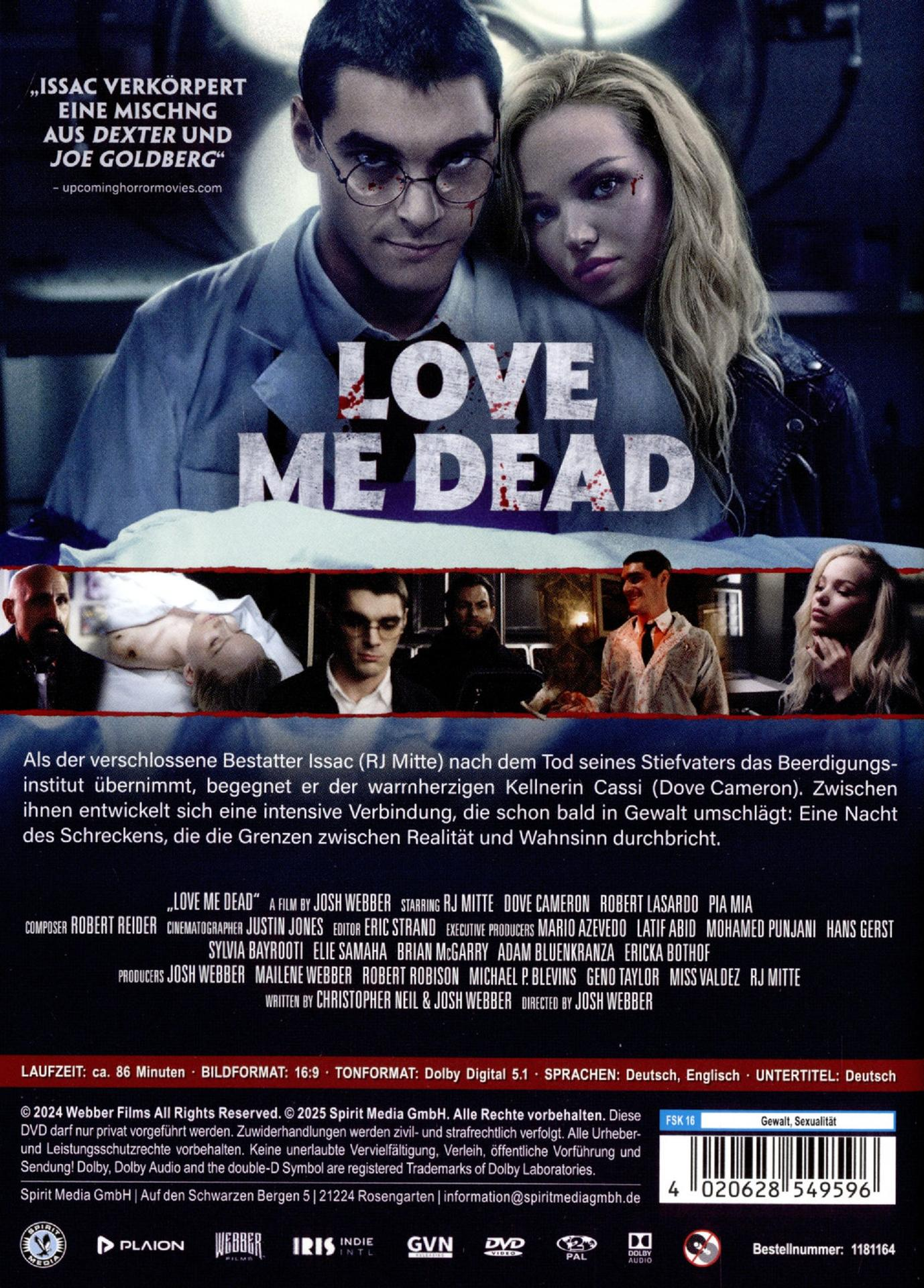 Filmposter mit Mann und Frau, Blut im Gesicht. Der Titel 'LOVE ME DEAD' steht in großen Buchstaben.