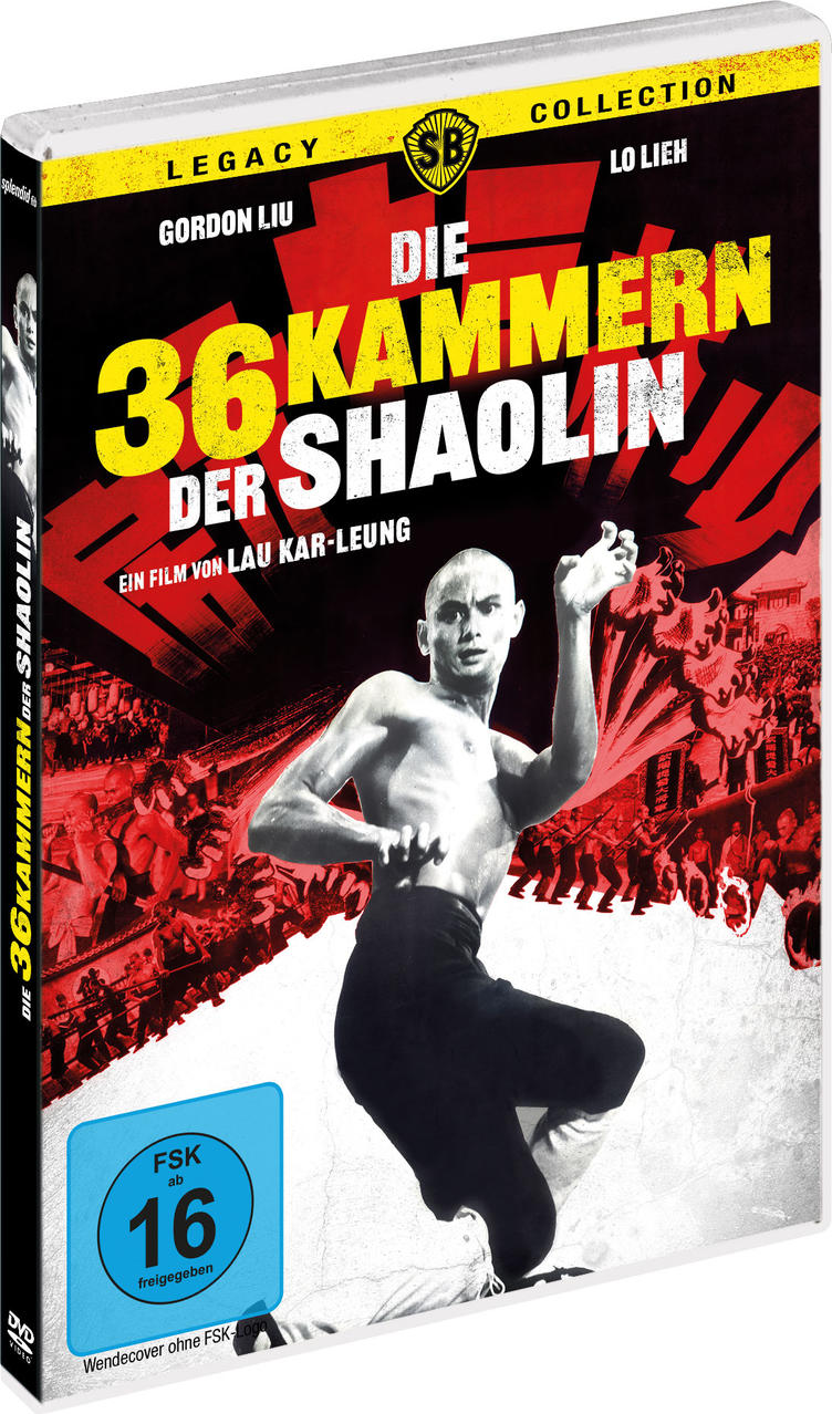 DVD-Cover: Glatzköpfiger Mann in Actionpose, Titel "Die 36 Kammern der Shaolin". Roter und gelber Text, schwarzer Hintergrund. FSK 16 Aufkleber.
