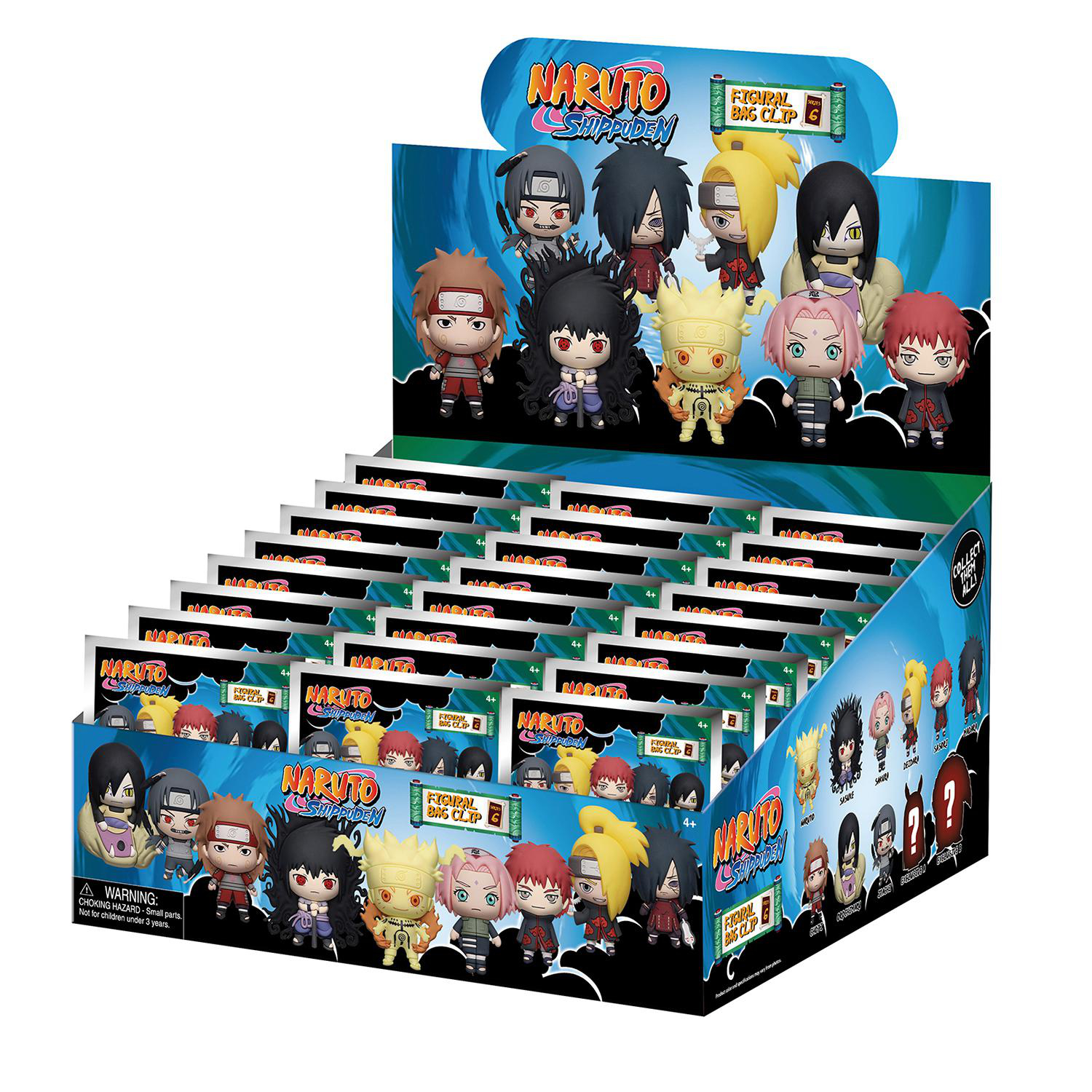 Ausstellungsbox mit Naruto Shippuden-Figuren. Verschiedene Charaktere sind sichtbar. Auf der Box steht 'Figural Bag Clip'. Der Hintergrund ist blau.