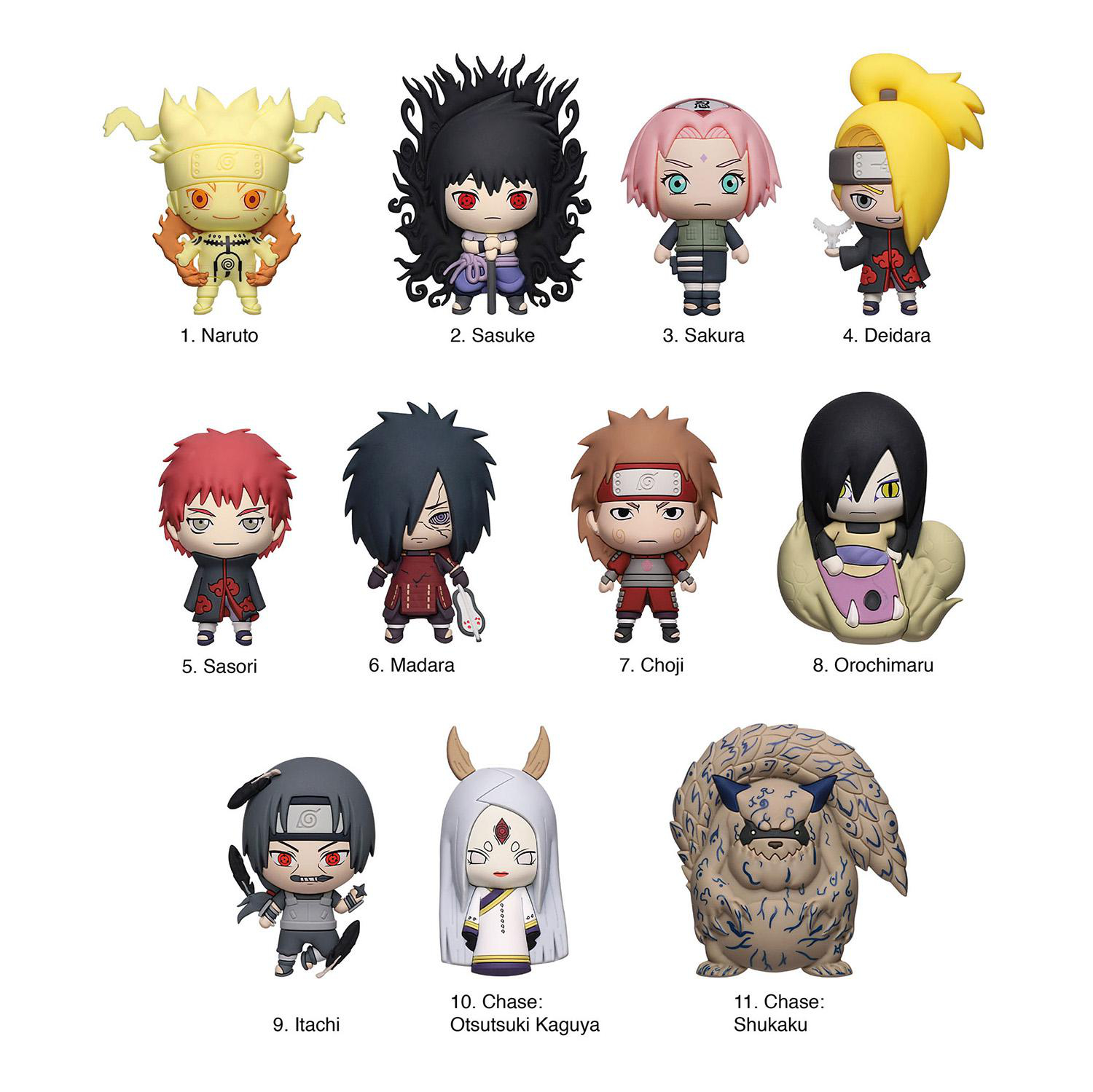 Sammlung von Naruto-Charakterfiguren, darunter Naruto, Sasuke, Sakura, Deidara, Sasori, Madara, Choji, Orochimaru, Itachi.