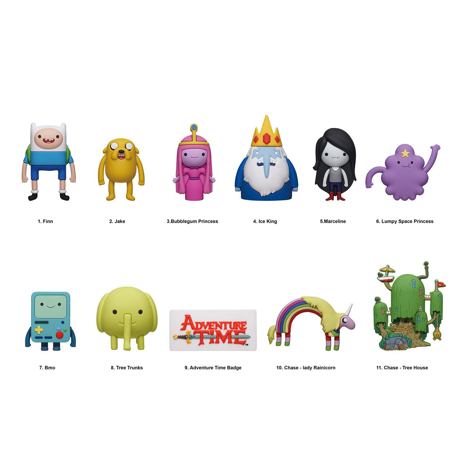 Das Bild zeigt Adventure Time-Figuren: Finn, Jake, Bubblegum Princess, Ice King, Marceline, Lumpy Space Princess, Bmo, Tree Trunks und mehr.