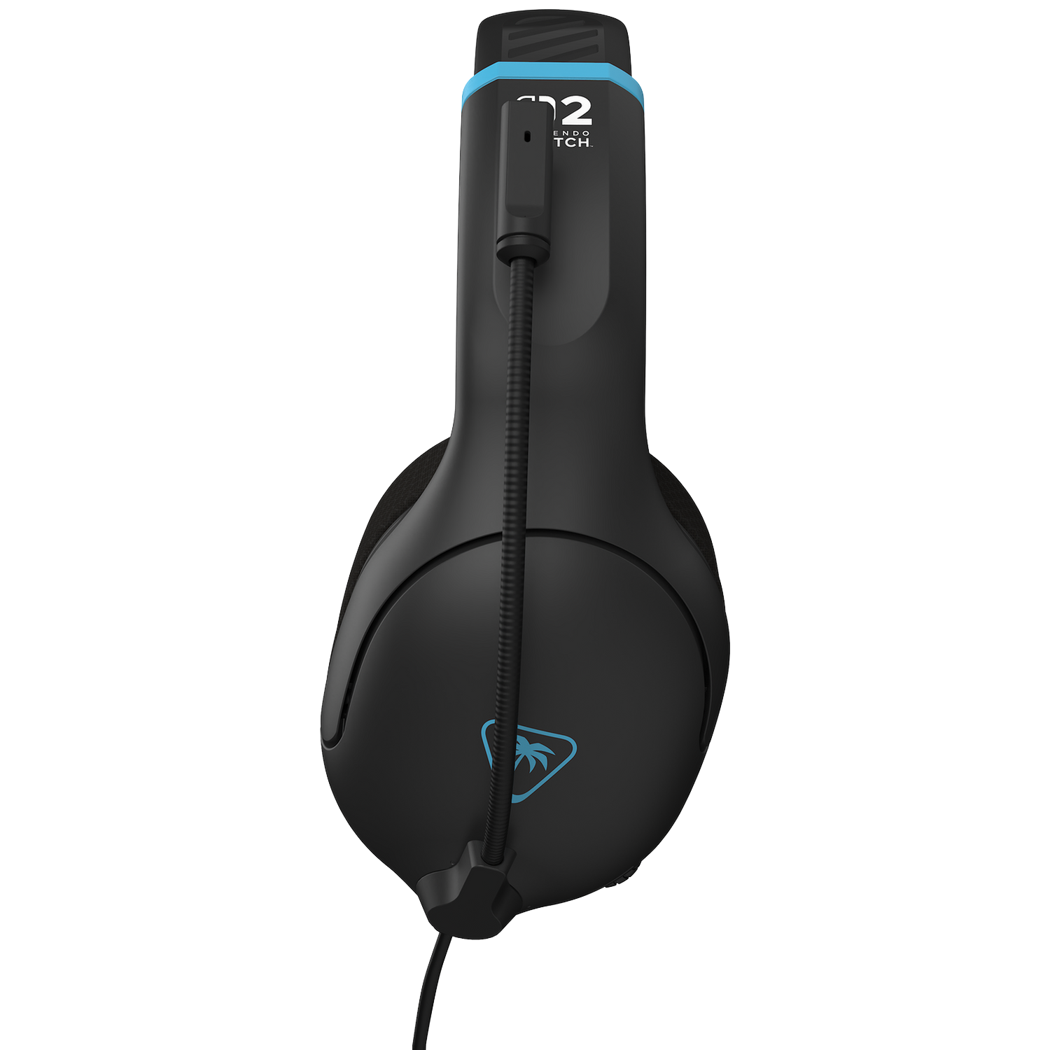 Black gaming headset with blue accents. Features a microphone and logo on the ear cup. The background is white.