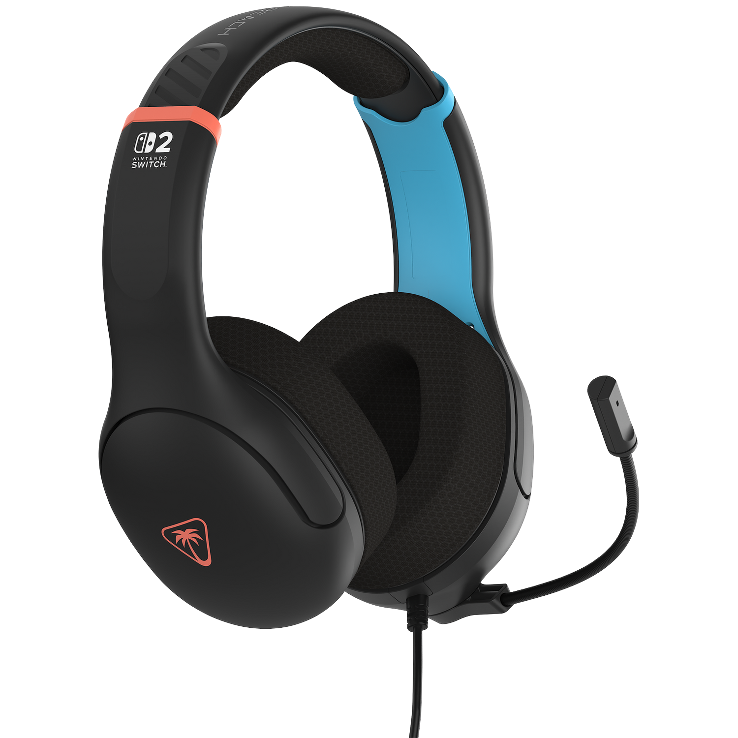 Black and blue gaming headset with a microphone. It has an orange accent and the Nintendo Switch logo.