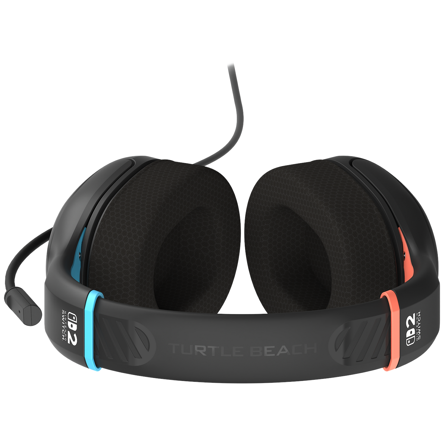 Black gaming headset for Nintendo Switch. Features Turtle Beach logo, blue and orange accents. Includes a microphone and cable.