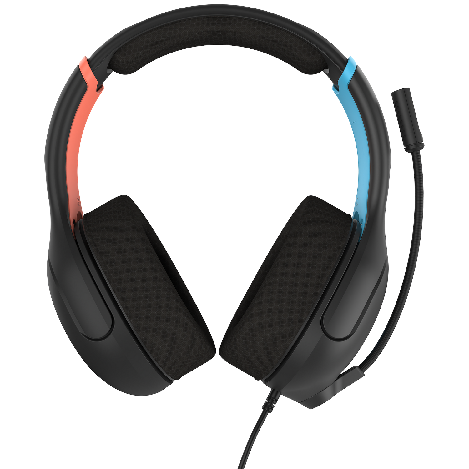 Black gaming headset with orange and blue accents. Features a microphone and a cable. The earcups are black, and have a honeycomb texture.
