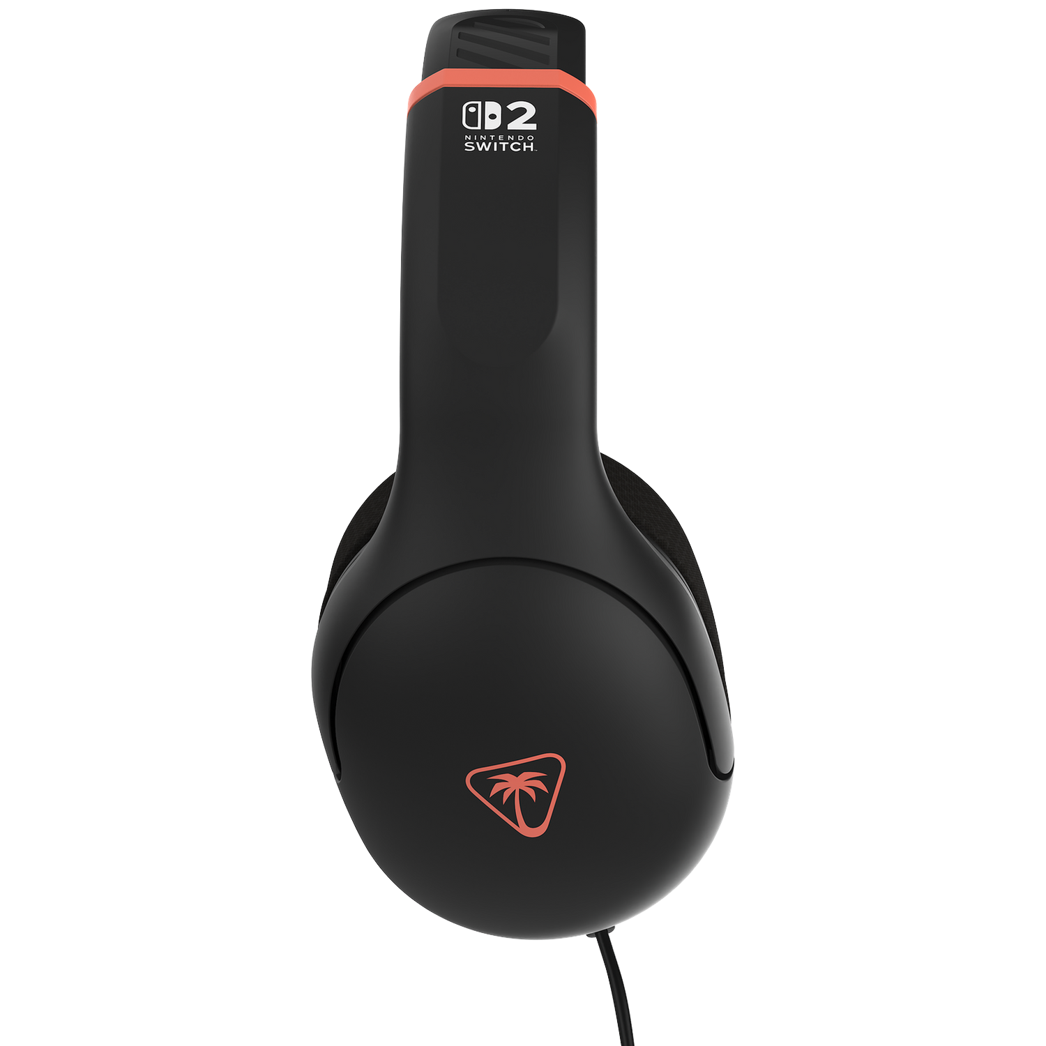 Black headset for Nintendo Switch. Red accents and logo. Black cable. Isolated on white background.