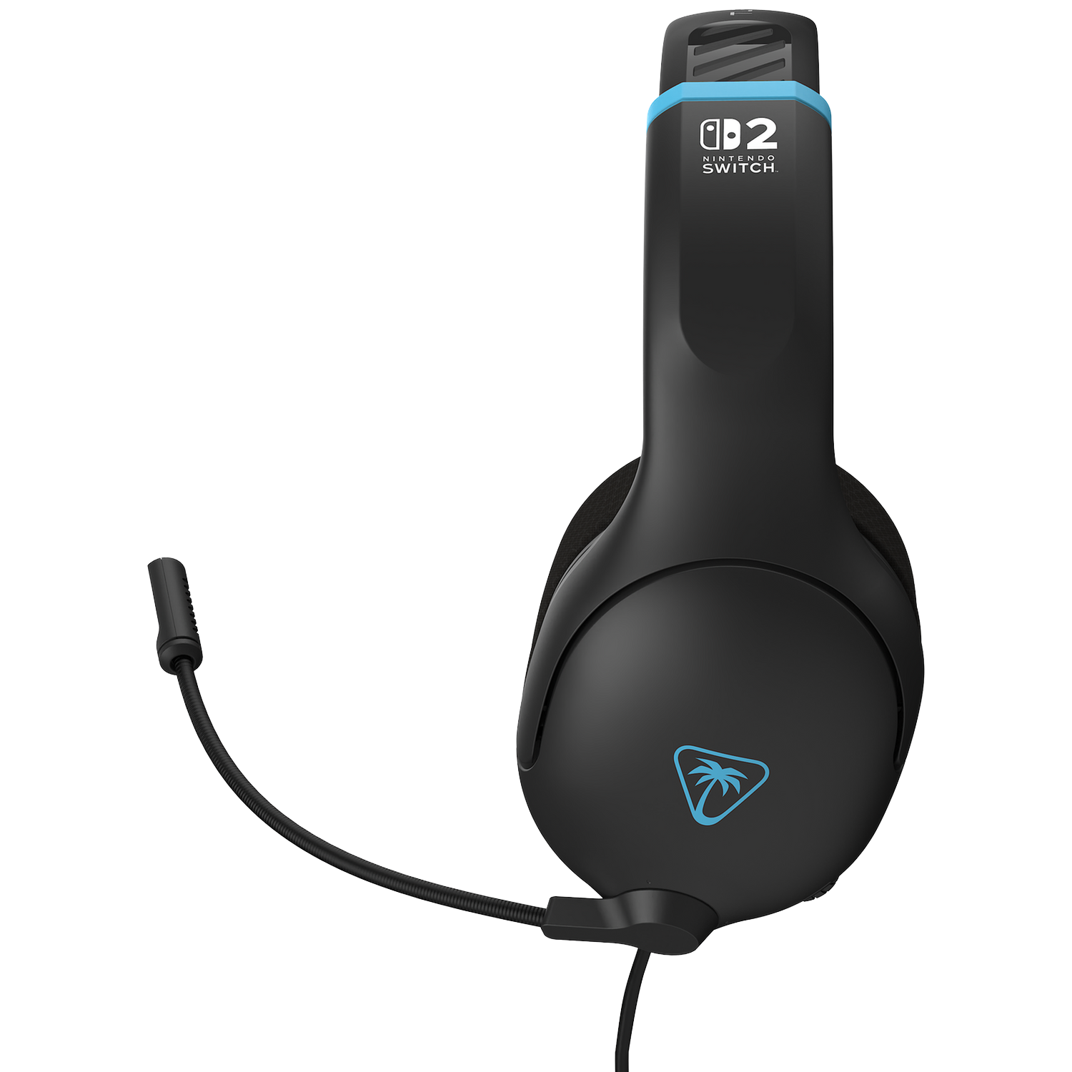 Black gaming headset with blue accents and a microphone. It has the Nintendo Switch logo. The background is white.