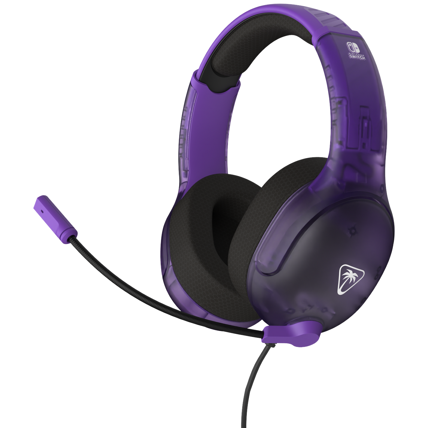 Paarse gamingheadset met een microfoon. De headset is doorschijnend en toont interne componenten. De achtergrond is wit.