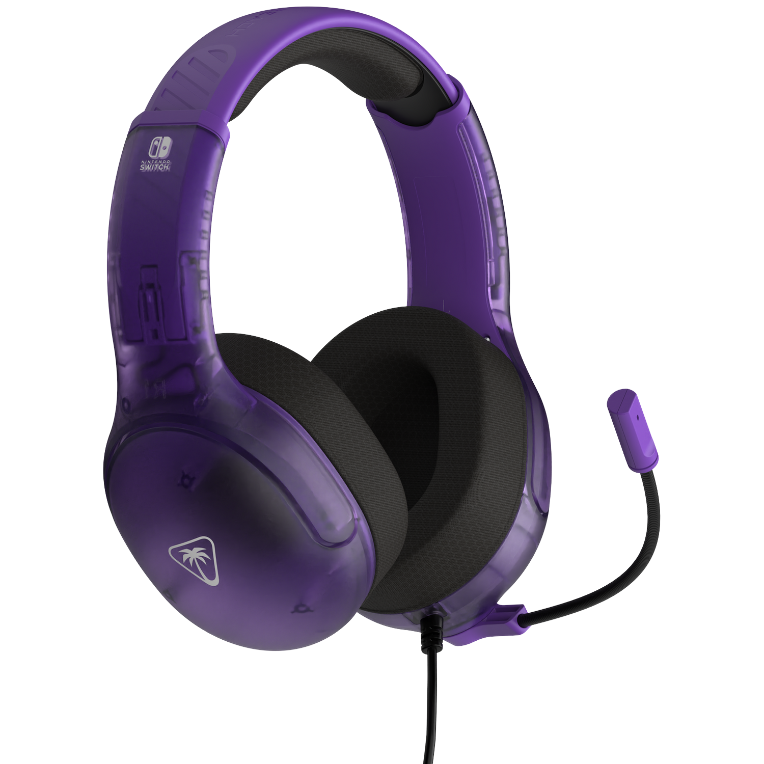 Paarse gamingheadset met een microfoon. De headset is voor Nintendo Switch. Hij heeft zwarte oorschelpen en een zwarte kabel.