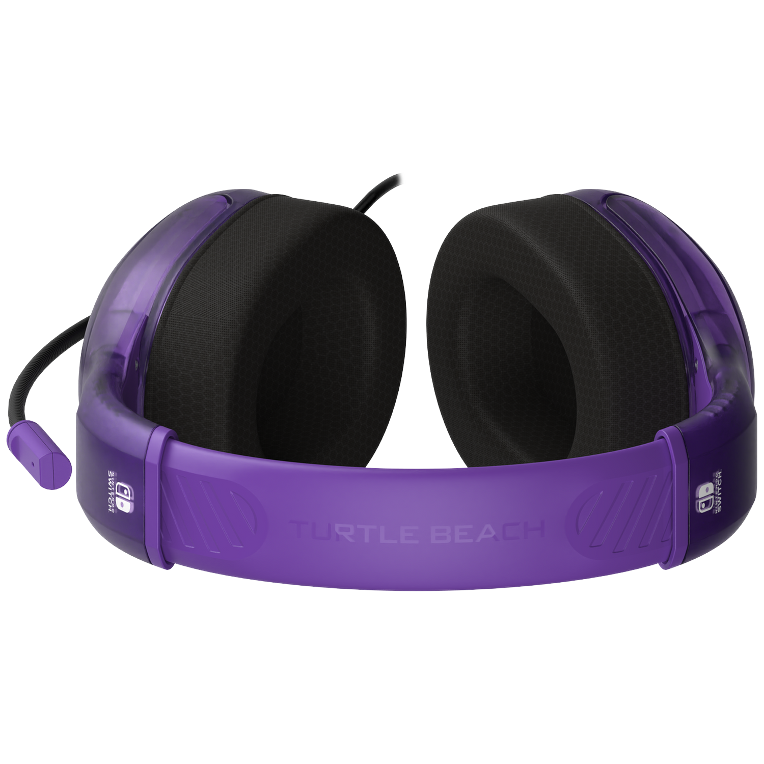 Paarse Turtle Beach gaming headset voor Nintendo Switch. Zwarte oorschelpen, paars frame. Kabel met paarse connector.
