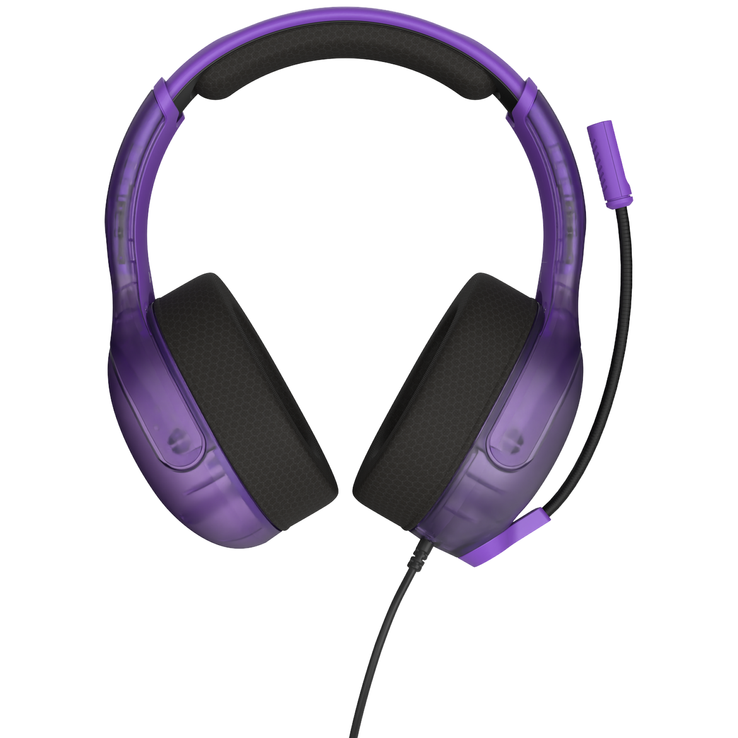 Paarse gamingheadset met zwarte oorschelpen en een microfoon. De headset staat op een witte achtergrond. Het frame heeft een transparante uitstraling.
