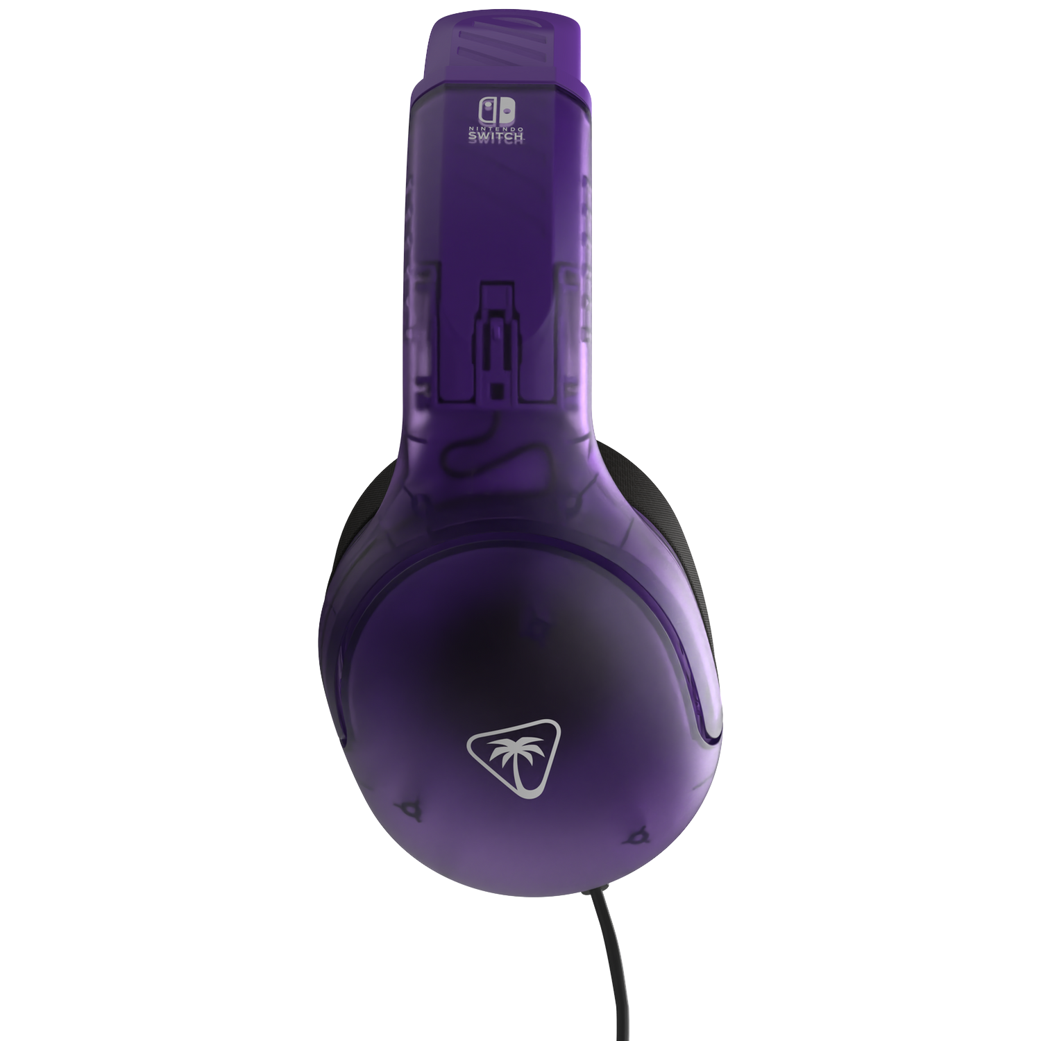 Paarse gamingheadset voor Nintendo Switch. De headset heeft een transparant design, een kabel en een logo.