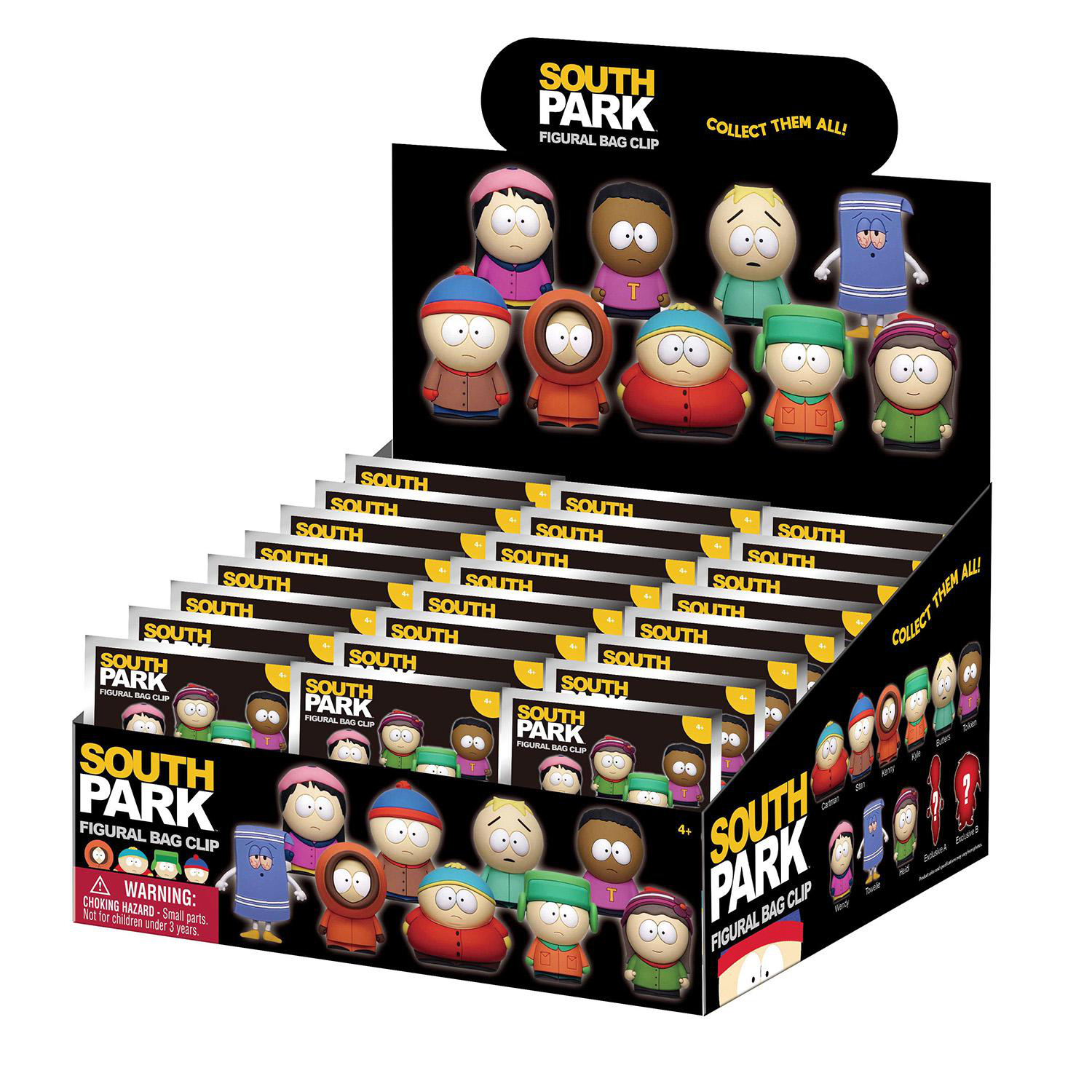 South Park Figuren-Display. Enthält mehrere Charakterfiguren in verschiedenen Outfits, mit einem Warnhinweis.