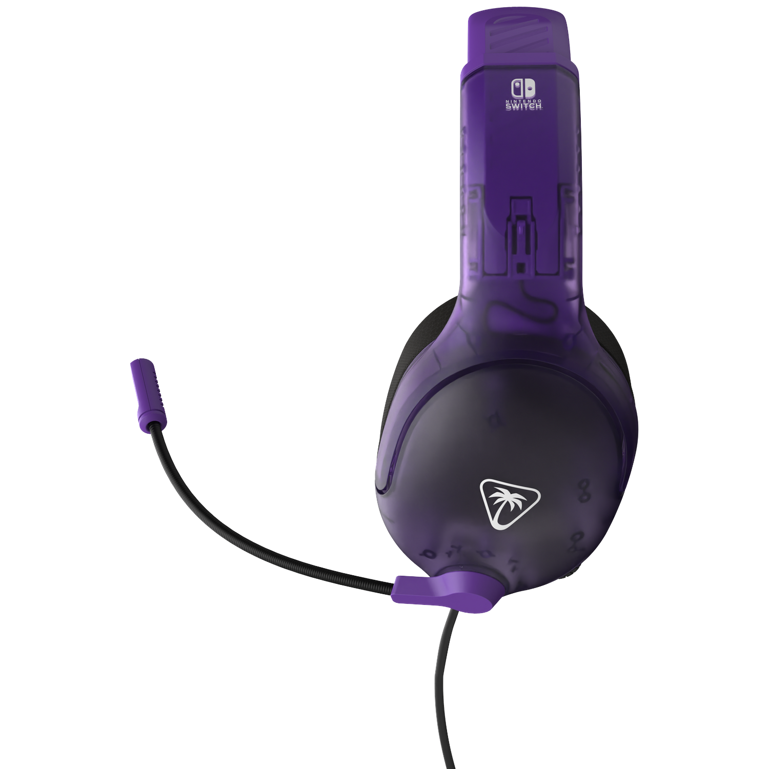 Een paars-zwarte gamingheadset voor Nintendo Switch wordt getoond. De headset heeft een microfoon en een snoer.