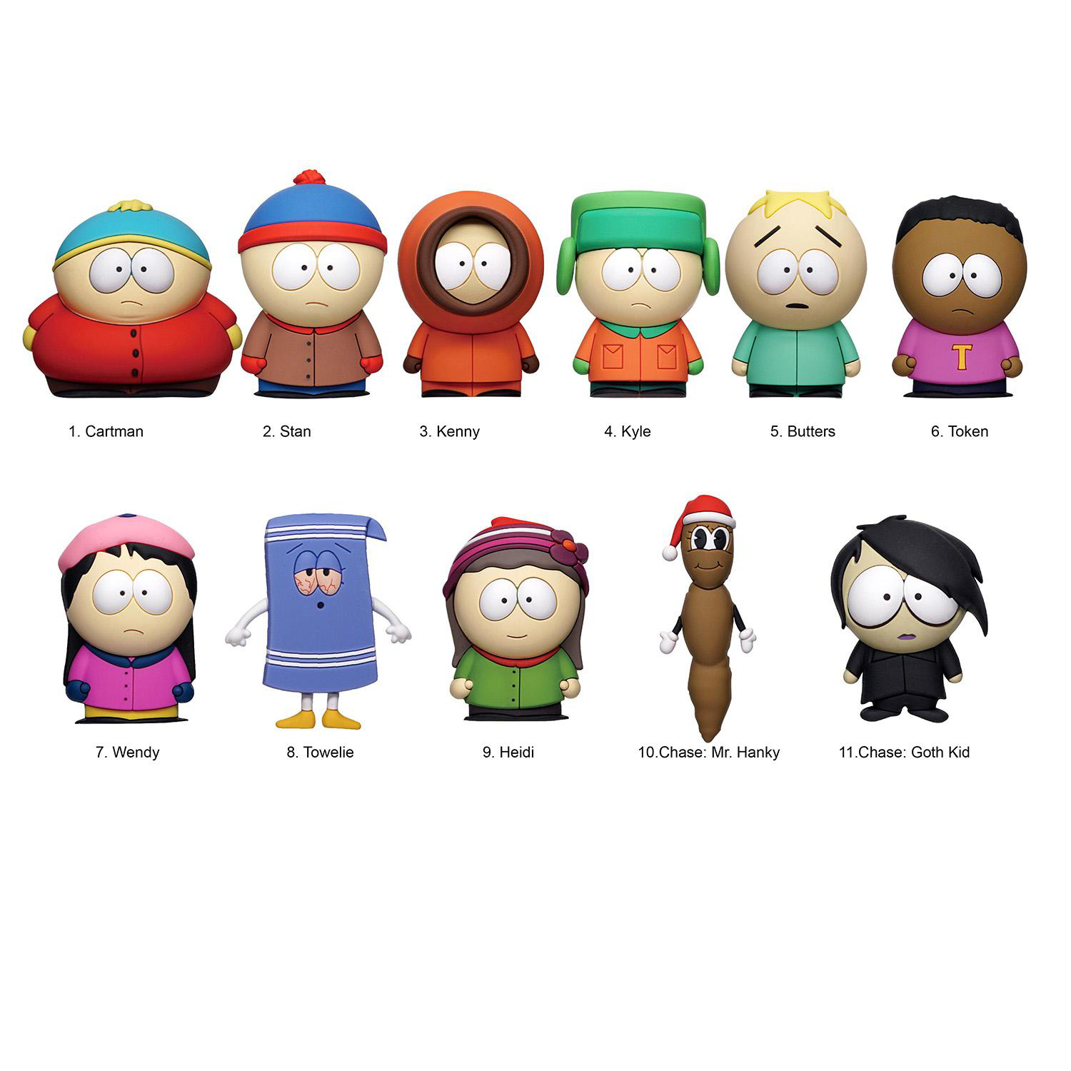 Elf South Park-Charakterfiguren stehen in einer Reihe. Sie sind Cartman, Stan, Kenny, Kyle, Butters, Token, Wendy, Towelie, Heidi, Mr. Hanky und Goth Kid.