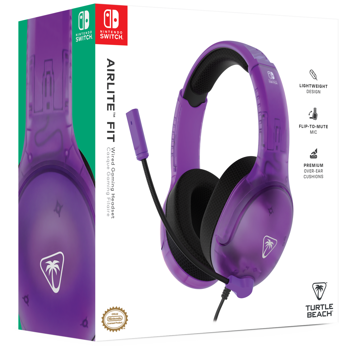 Verpakte paarse gamingheadset, 'Airlite Fit', voor Nintendo Switch. Kenmerken zijn flip-to-mute microfoon, lichtgewicht design en over-ear kussens.