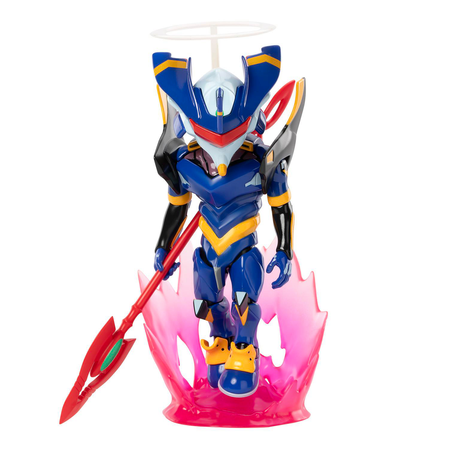 Eine blaue und gelbe Roboterfigur mit einem roten Speer, die auf einer rosa Energiebasis steht, und ein weißer Heiligenschein darüber.