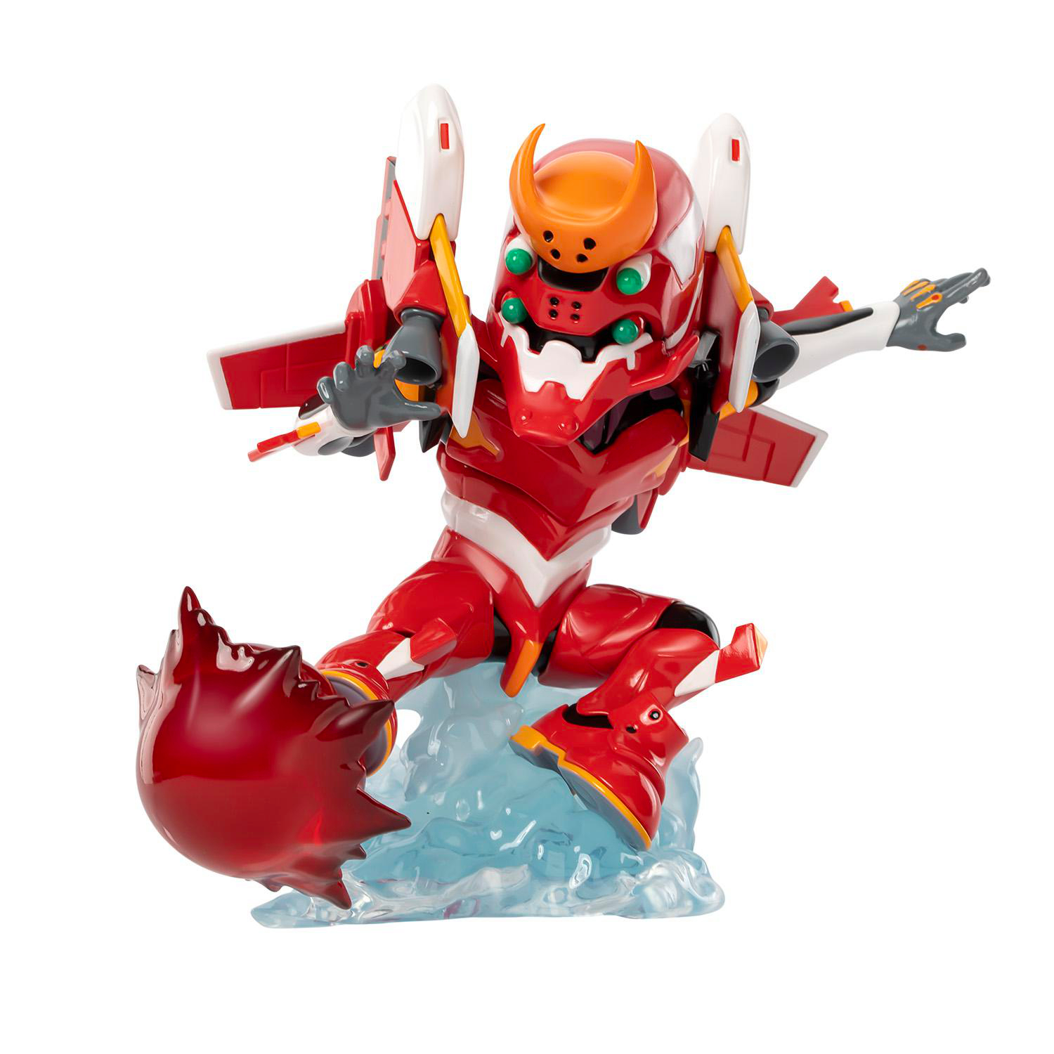Eine rot-weiße Roboterfigur ist in einer Bewegungspose mit einem stacheligen roten Energieblitz auf einer blauen Basis.