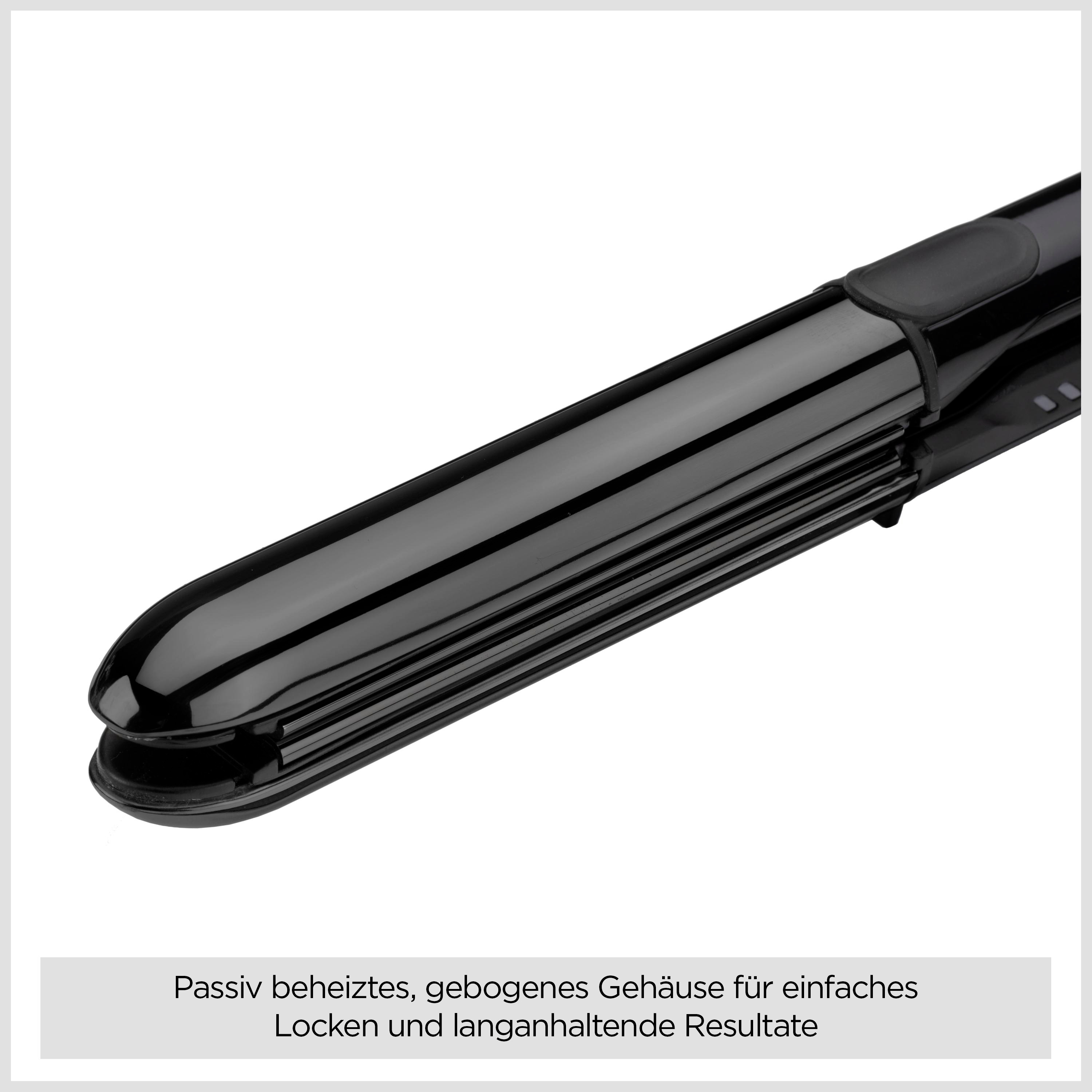 Schwarzer Haarglätter auf weißem Grund. Merkmale: gebogenes Design und gerippte Platten.