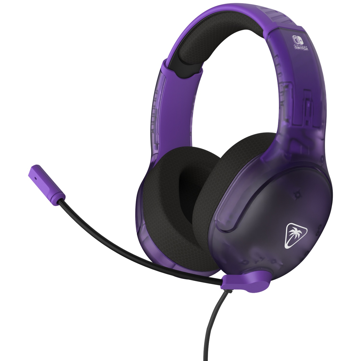 Purple gaming headset with a microphone. The headset is for Nintendo Switch. Black earcups and accents. Clear plastic.