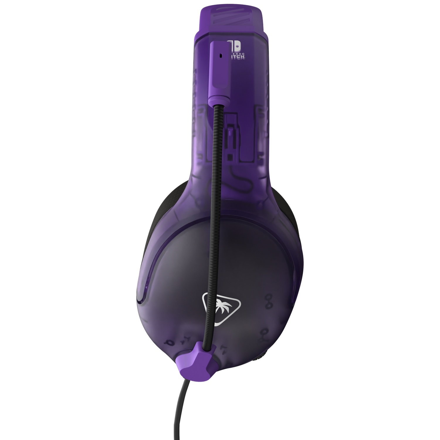 A purple gaming headset with a black microphone and cable, the headset is designed for a Nintendo Switch.