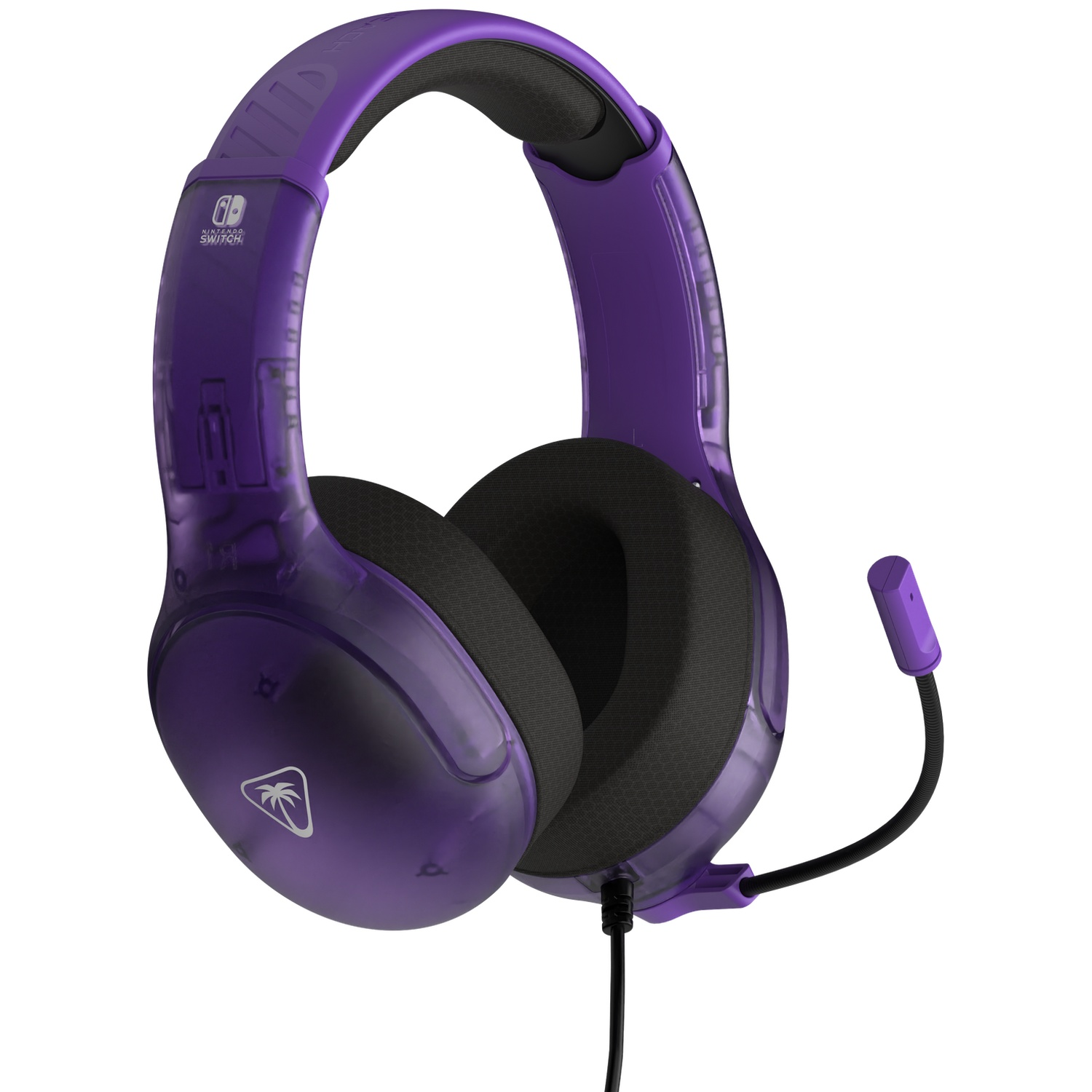 A purple gaming headset with a microphone. The headset is for Nintendo Switch. Black earcups and a black microphone stem are visible.
