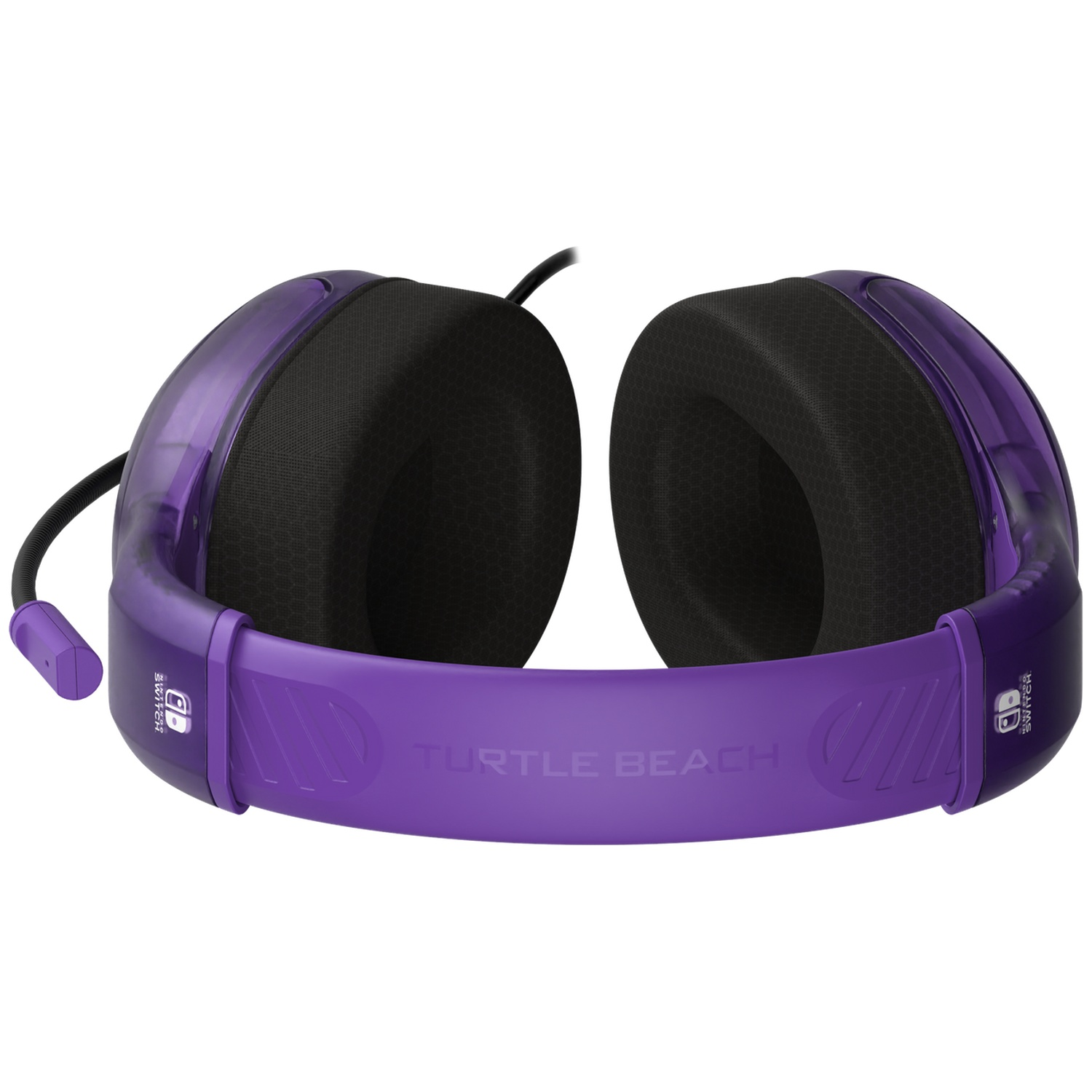 Purple and black gaming headset for Nintendo Switch. 'Turtle Beach' on the band. Transparent purple ear cups.