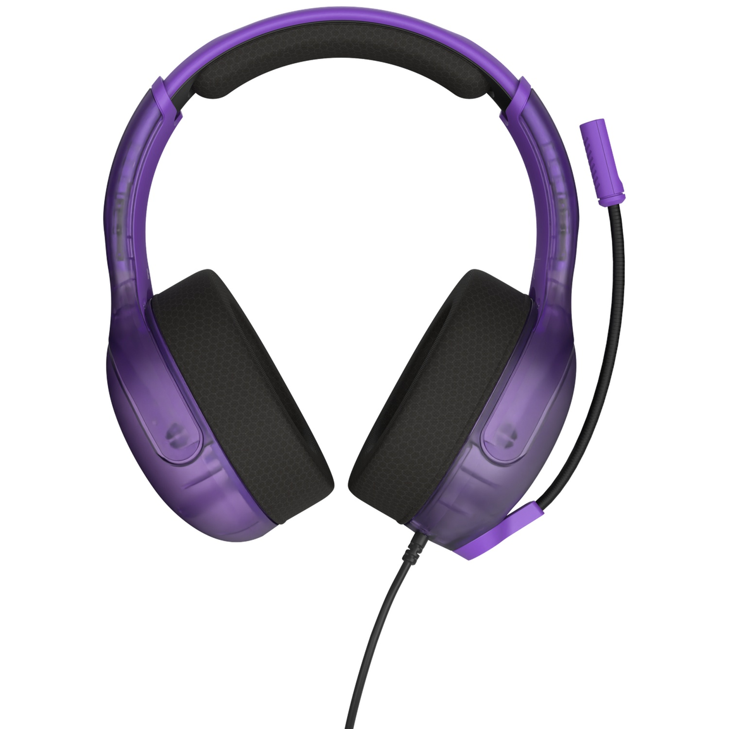 A purple gaming headset with a black microphone and ear cups. The headset is on a white background.