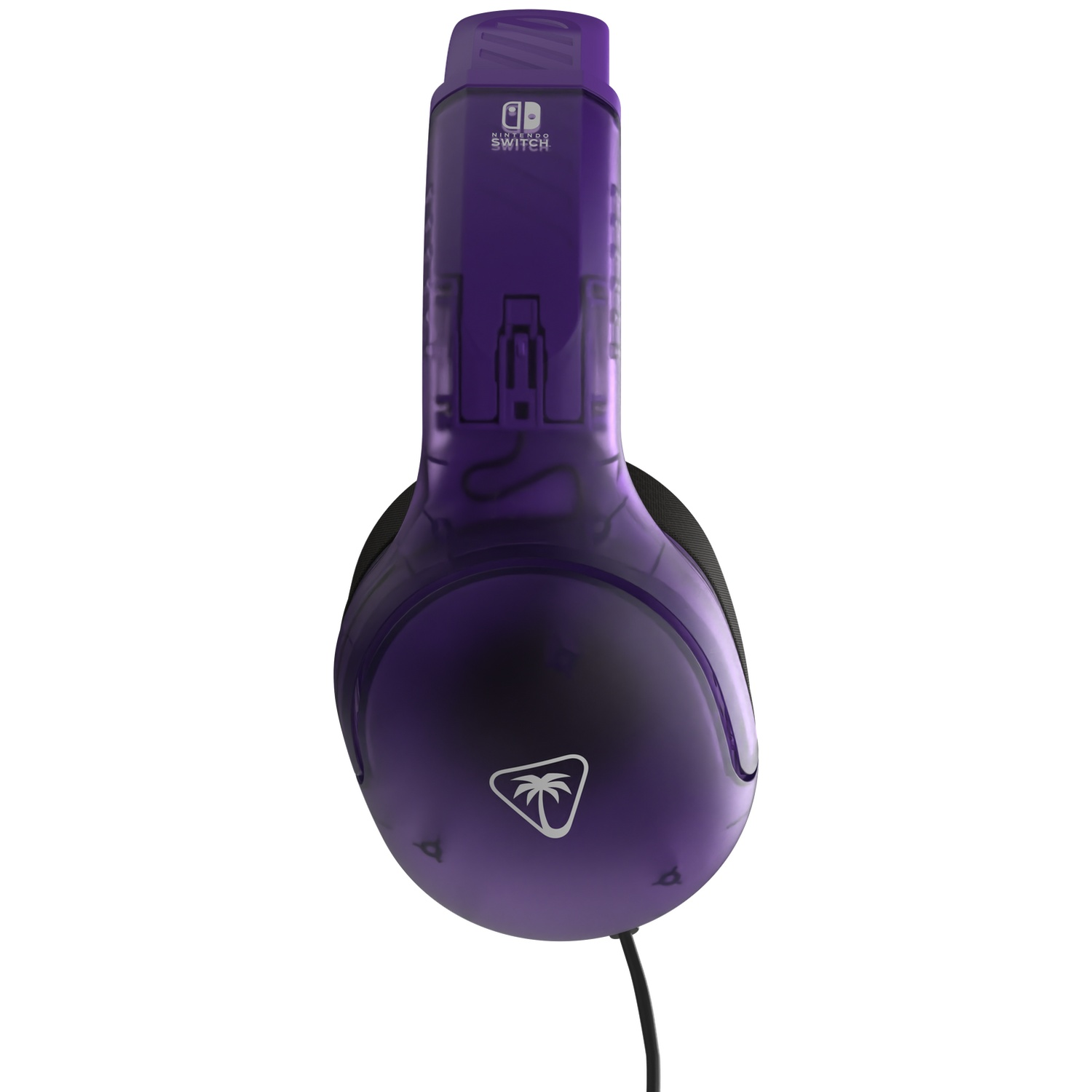 A purple Nintendo Switch headset. It has a transparent purple frame, black earcups, and a cable. The Nintendo Switch logo is visible.