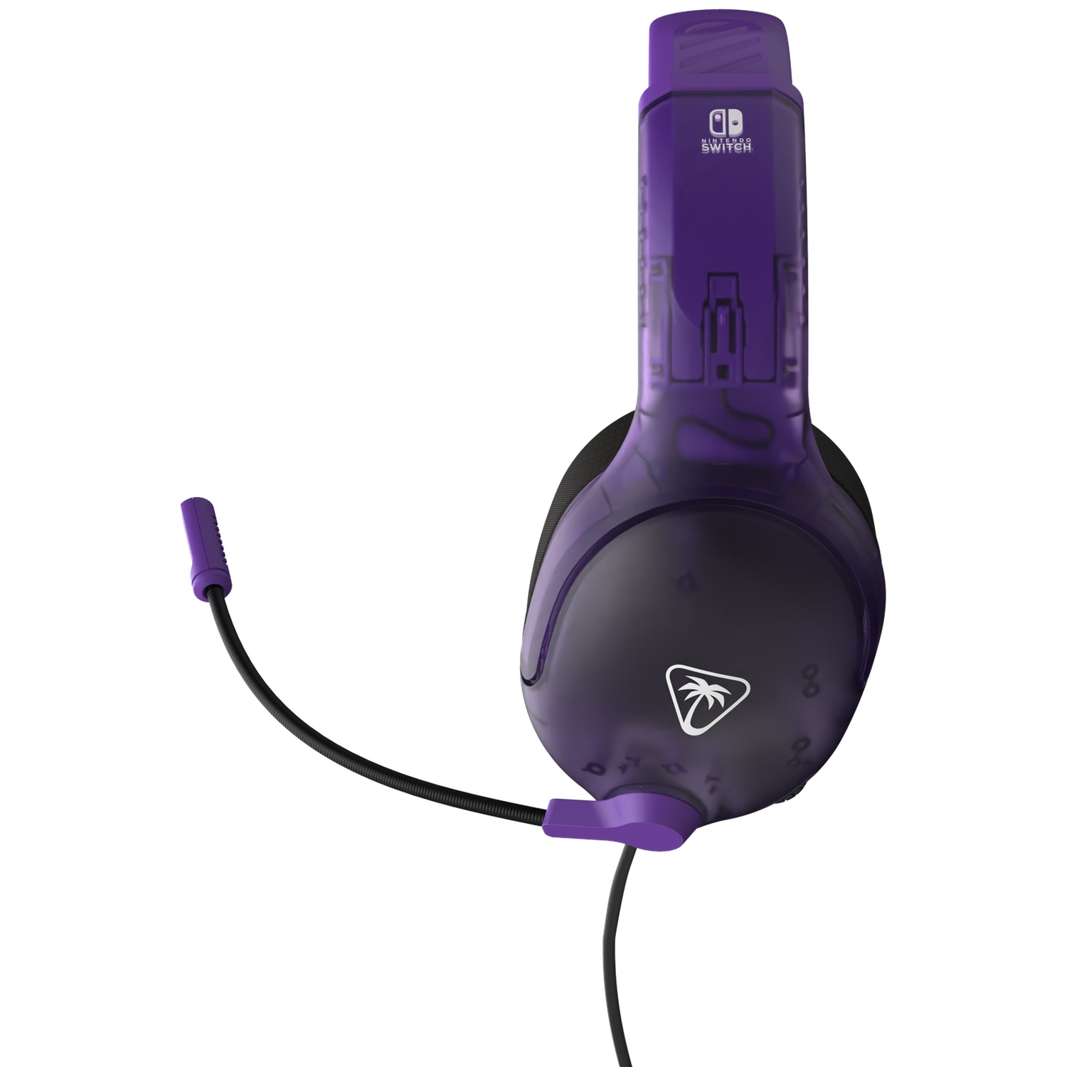 A purple and black gaming headset for Nintendo Switch. It has a microphone and a cable. The background is white.