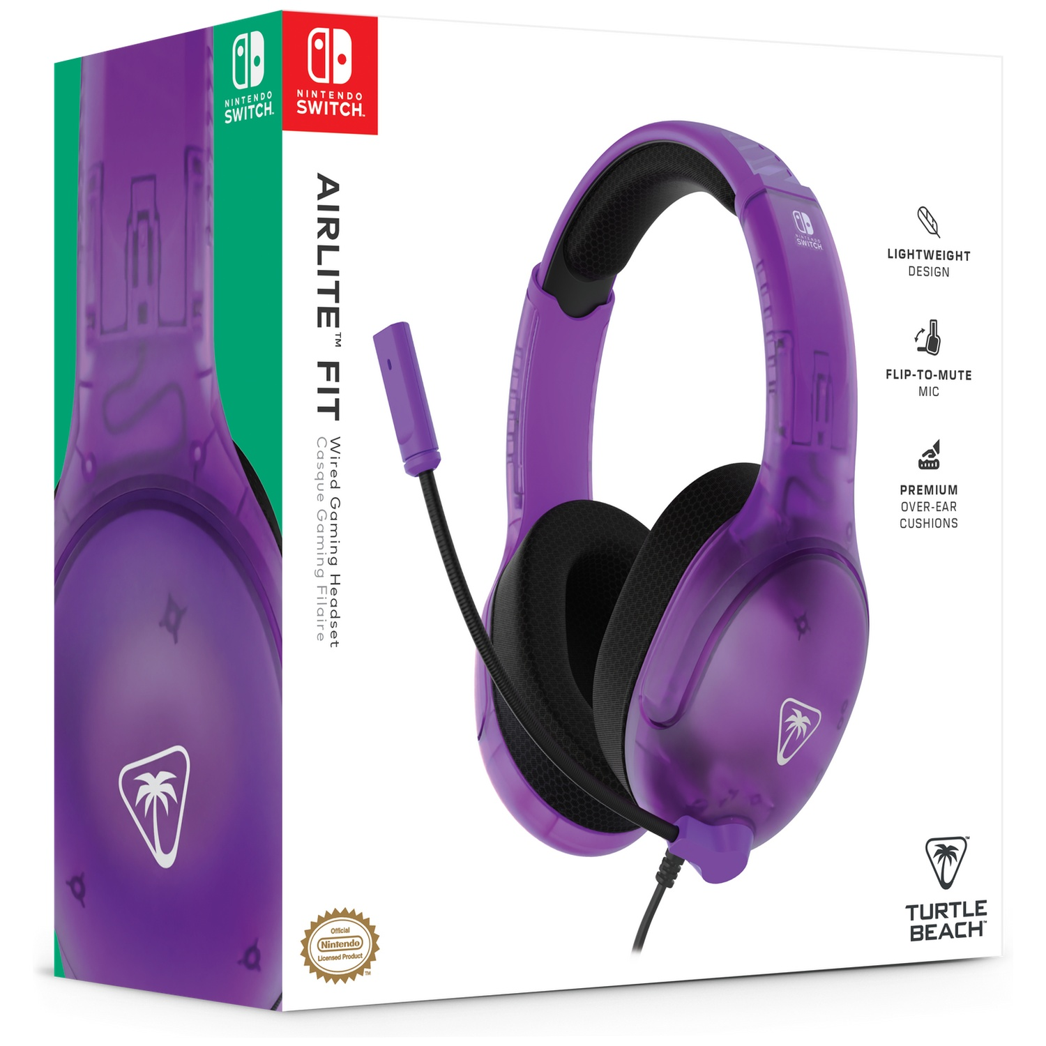 Boxed purple gaming headset for Nintendo Switch. Features include a microphone, lightweight design, and premium over-ear cushions.