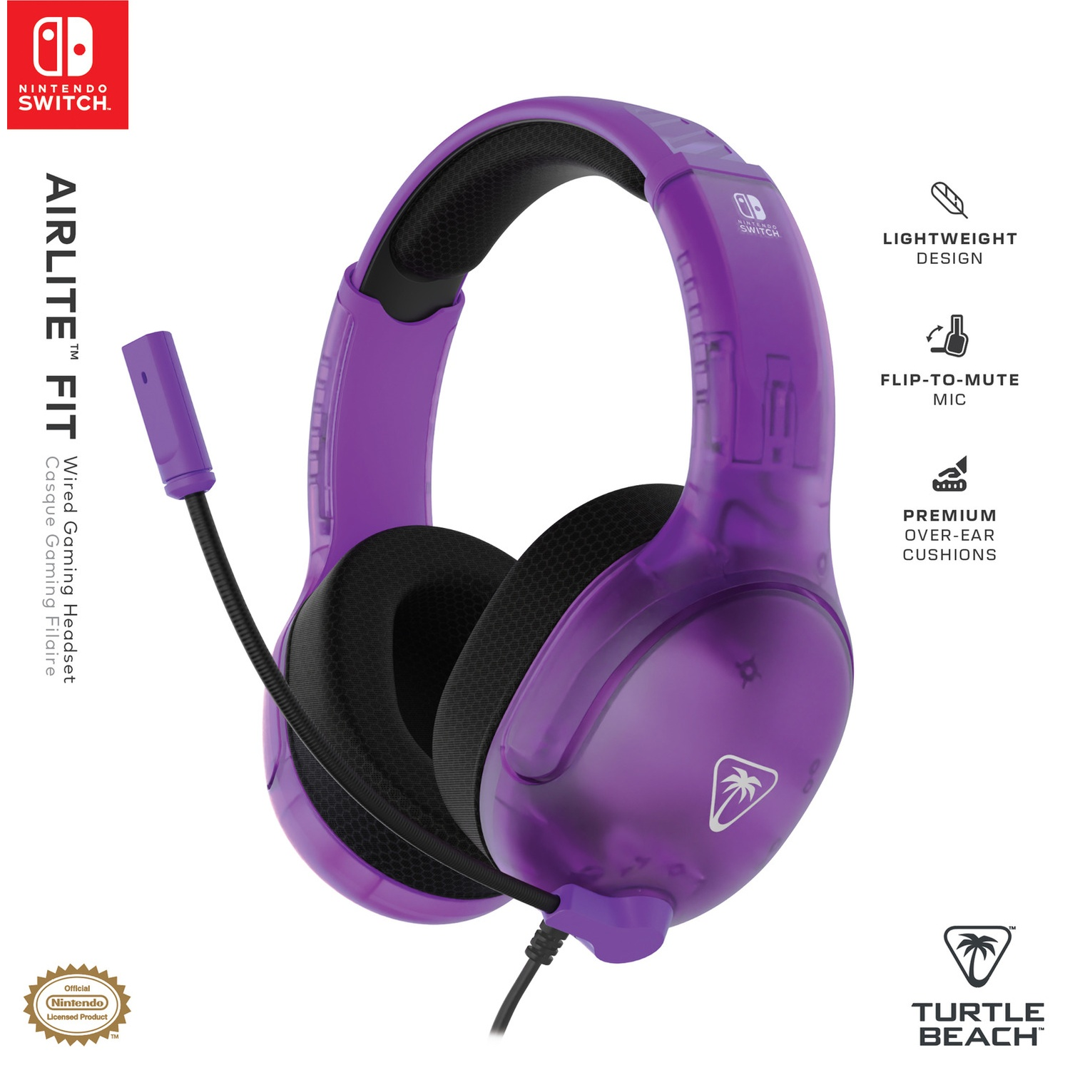 A purple gaming headset with a microphone, the Nintendo Switch logo is visible, and the Turtle Beach logo is in the corner.