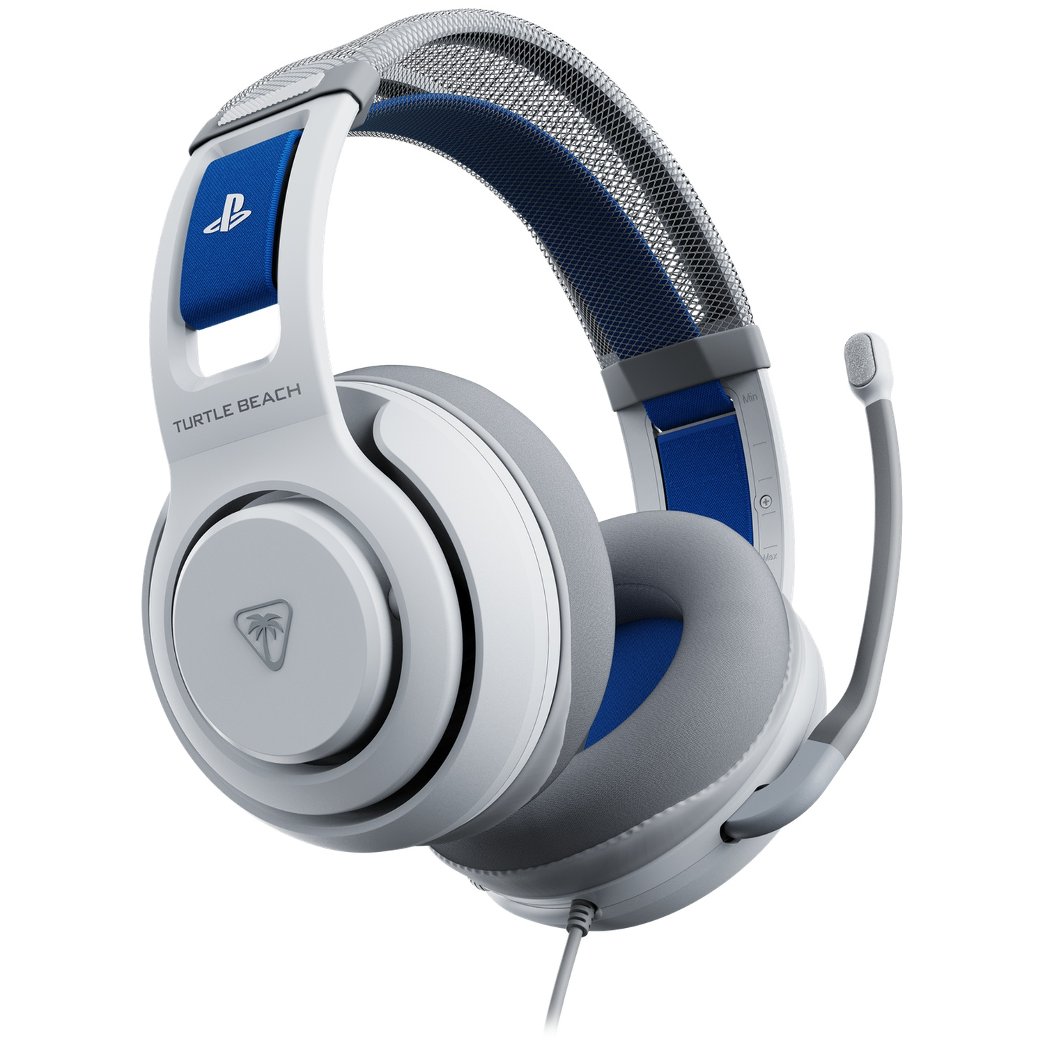 White and gray Turtle Beach gaming headset with blue accents and a microphone, on a white background.