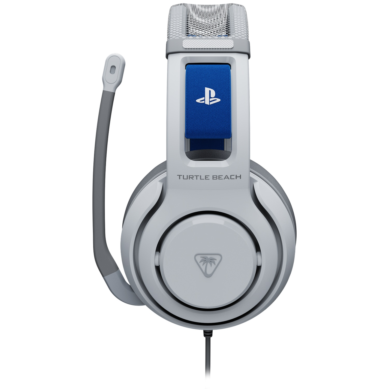 A white and grey Turtle Beach gaming headset with a blue PlayStation logo on the headband and a grey microphone.