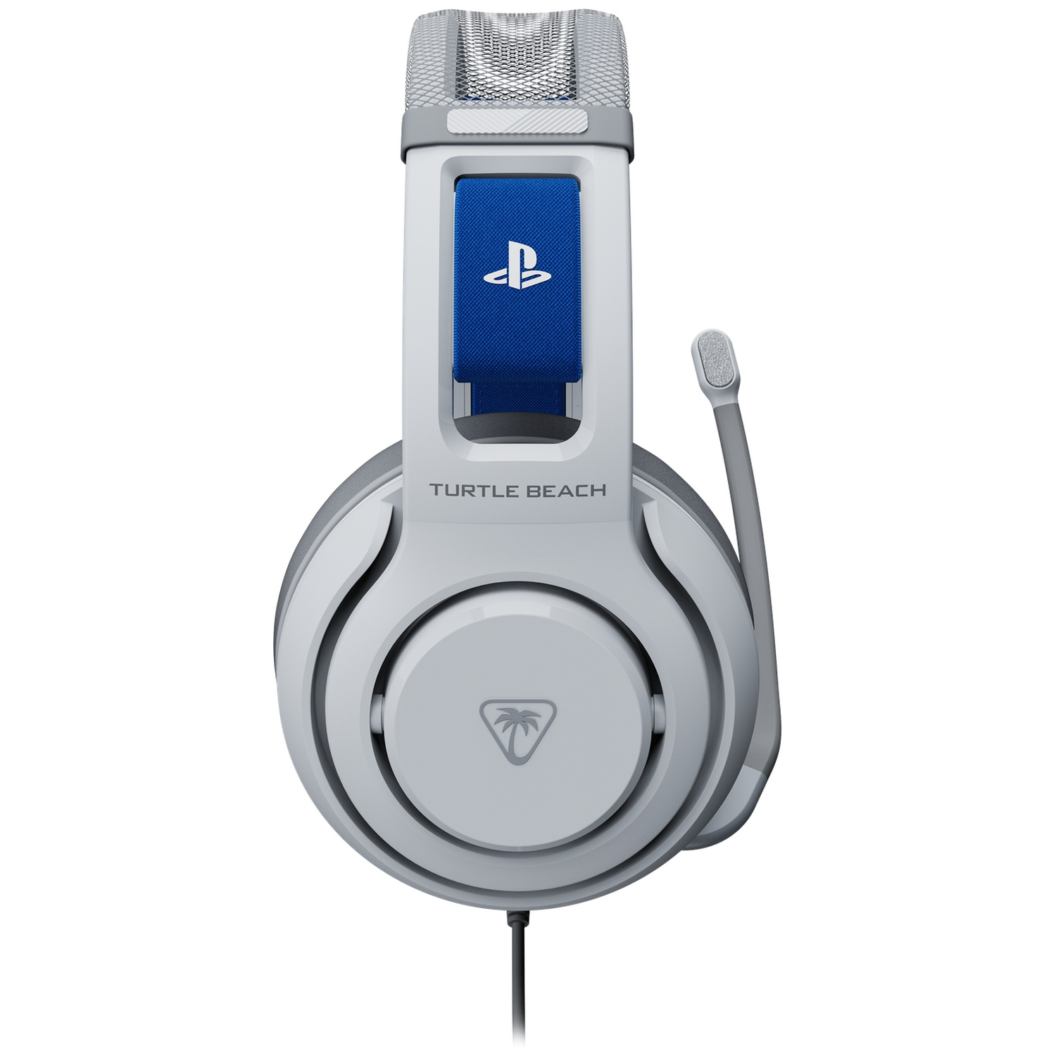 White and gray Turtle Beach gaming headset with a blue band and PlayStation logo. Features a microphone and a black cable.