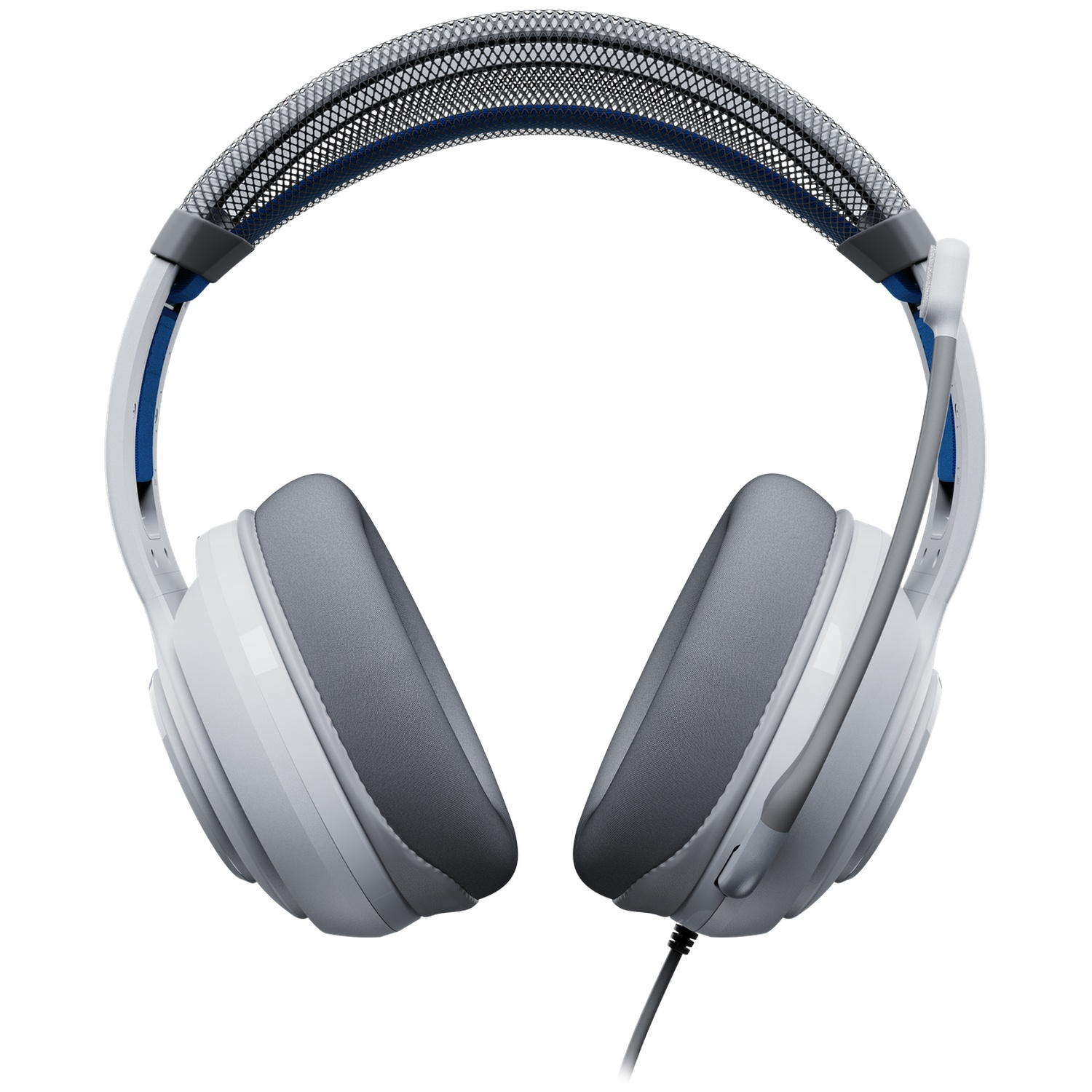White and gray gaming headset. The headband is gray mesh over blue. Ear cups are gray pads on white frames. Black cord.