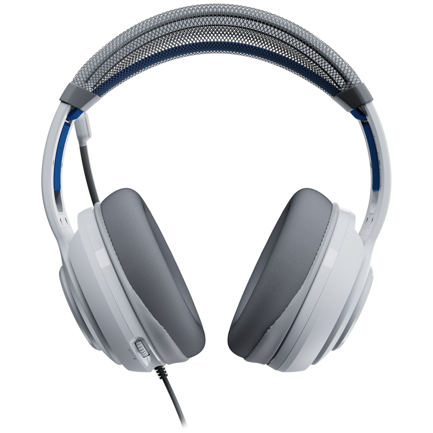 White and gray headphones. The headband is dark gray mesh. The earcups are gray with white and blue accents. Black cord extends.