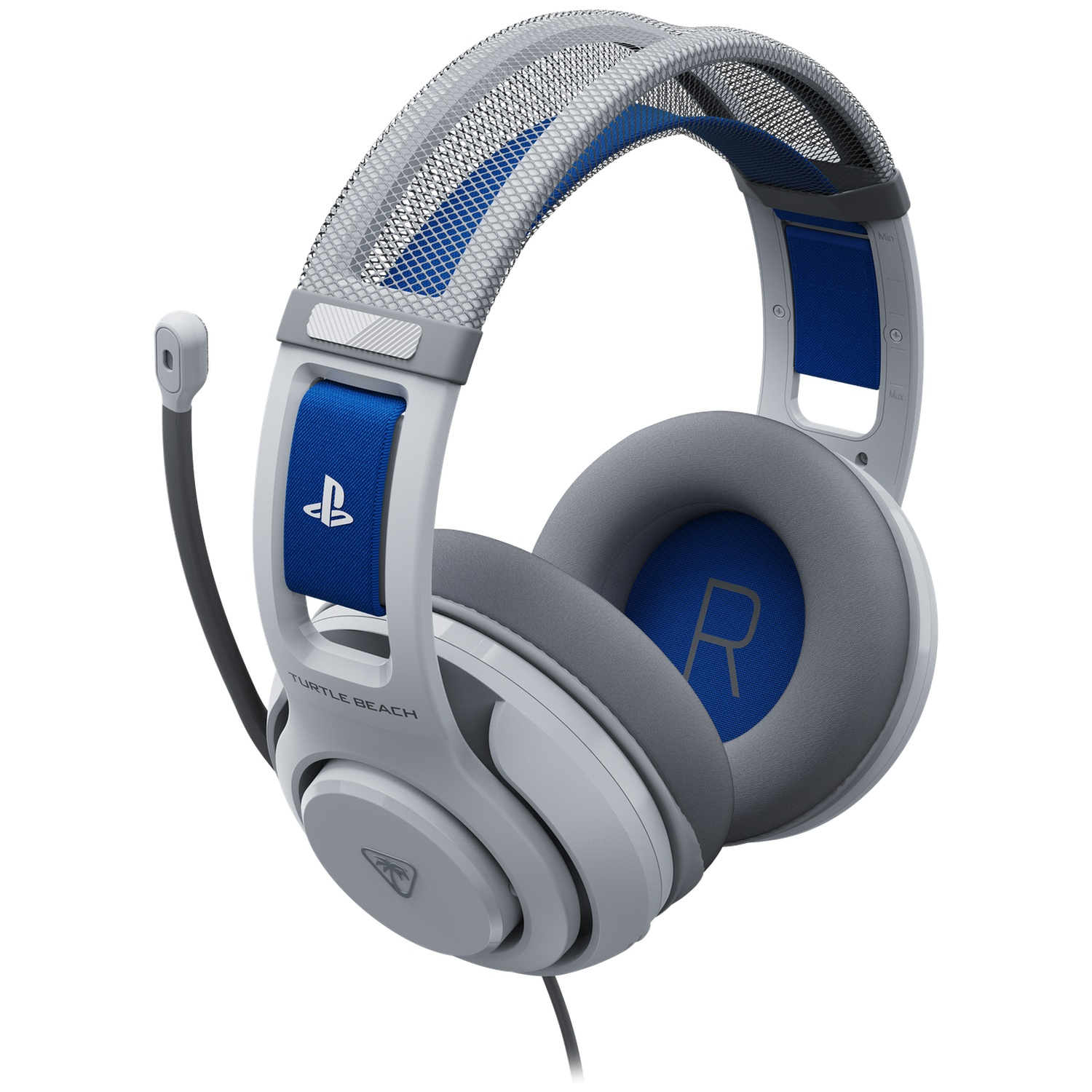 White and gray gaming headset with blue accents. Features a microphone, and the PlayStation logo on the headband.