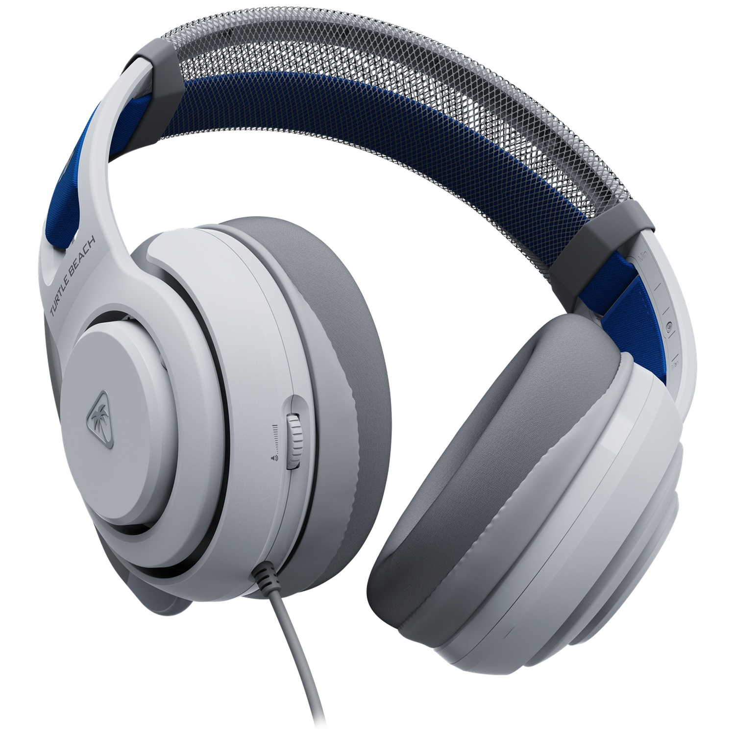 White and gray Turtle Beach headphones with blue accents, a mesh top band, and a volume control.