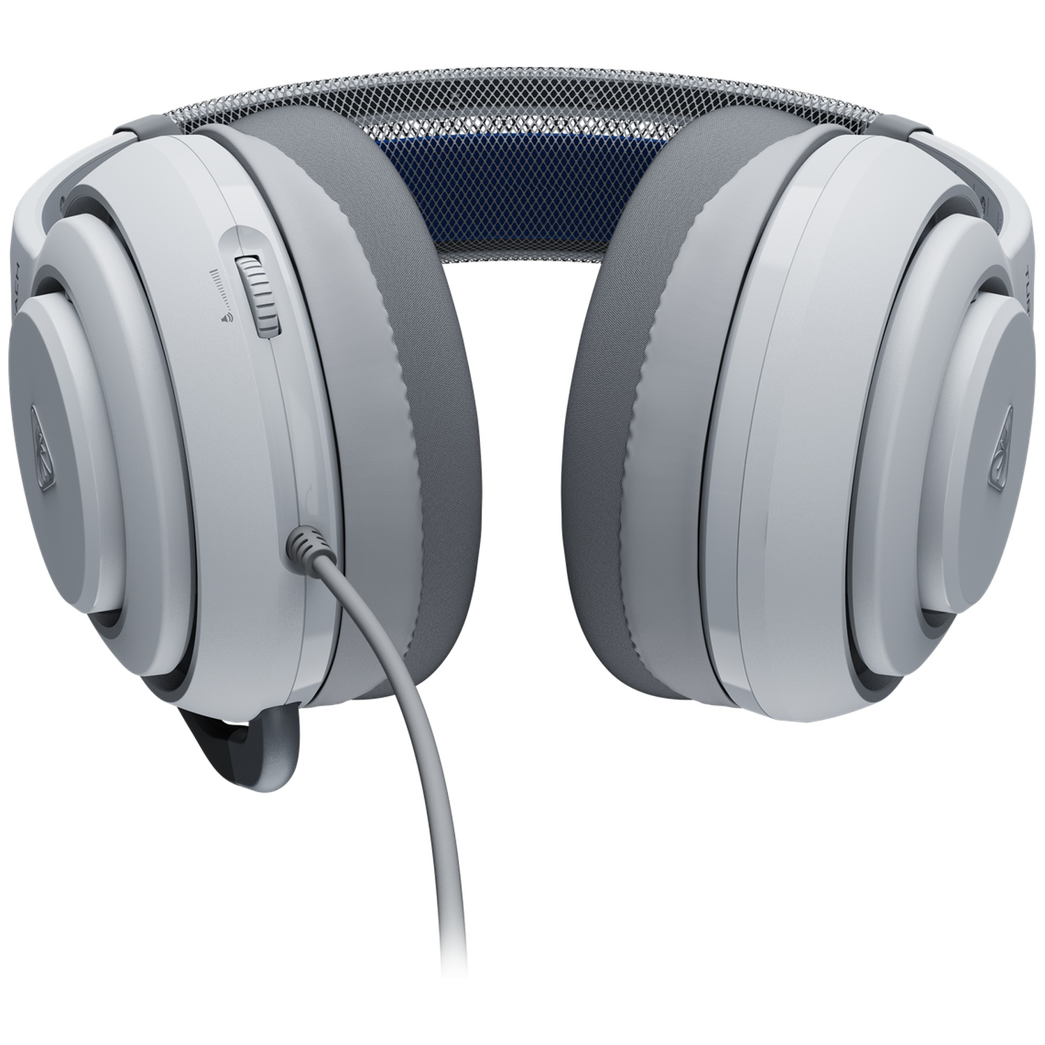 White and gray gaming headphones. The headphones have large ear cups and a padded headband. A gray cable extends from the left earcup.