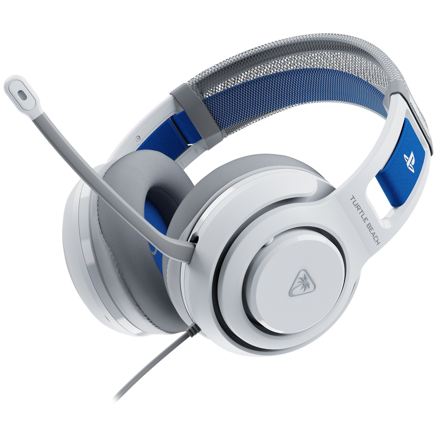 White and gray gaming headset with blue accents. Features a microphone, Turtle Beach logo, and PlayStation symbol.