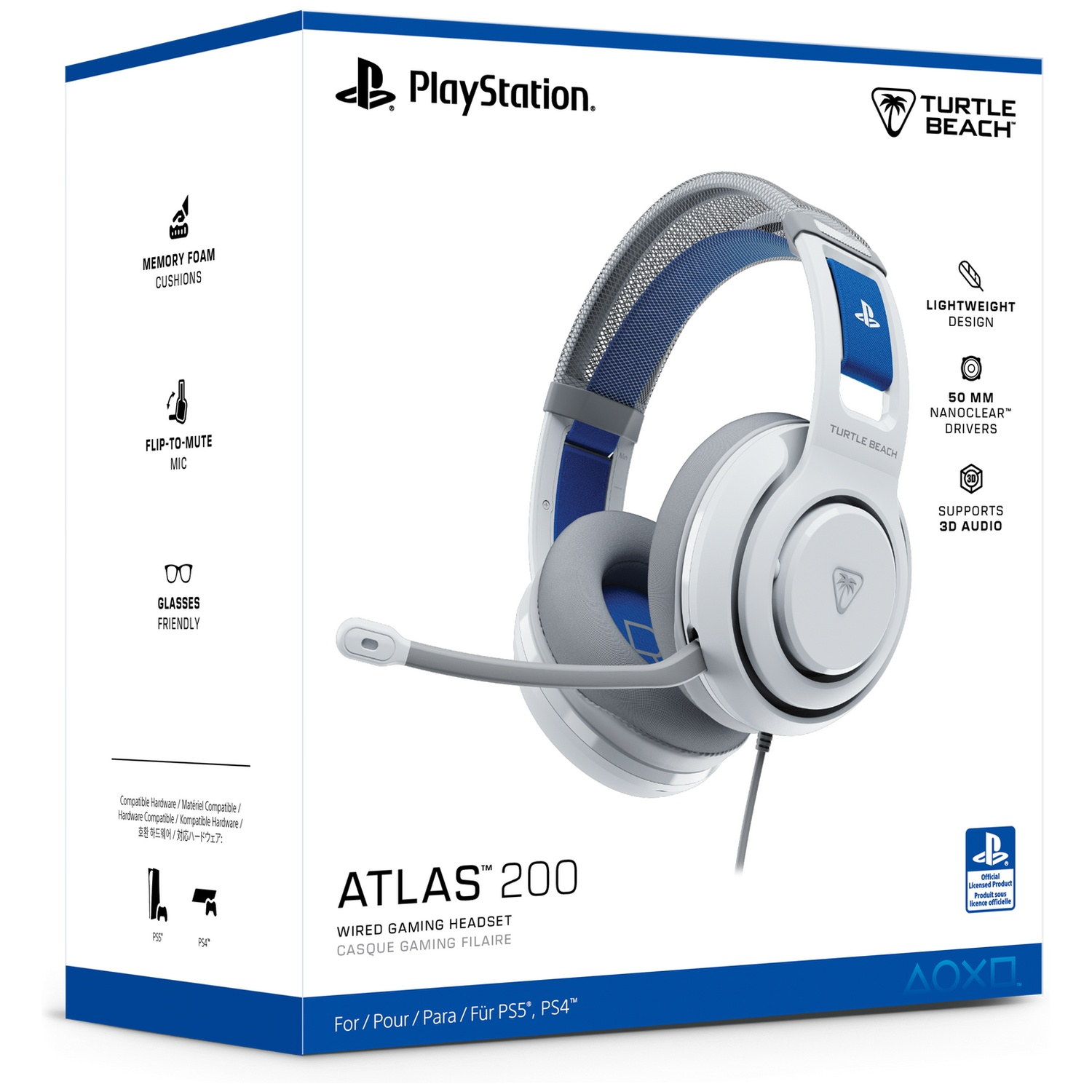 White and blue gaming headset in a box. The box has logos and text about features and compatibility.