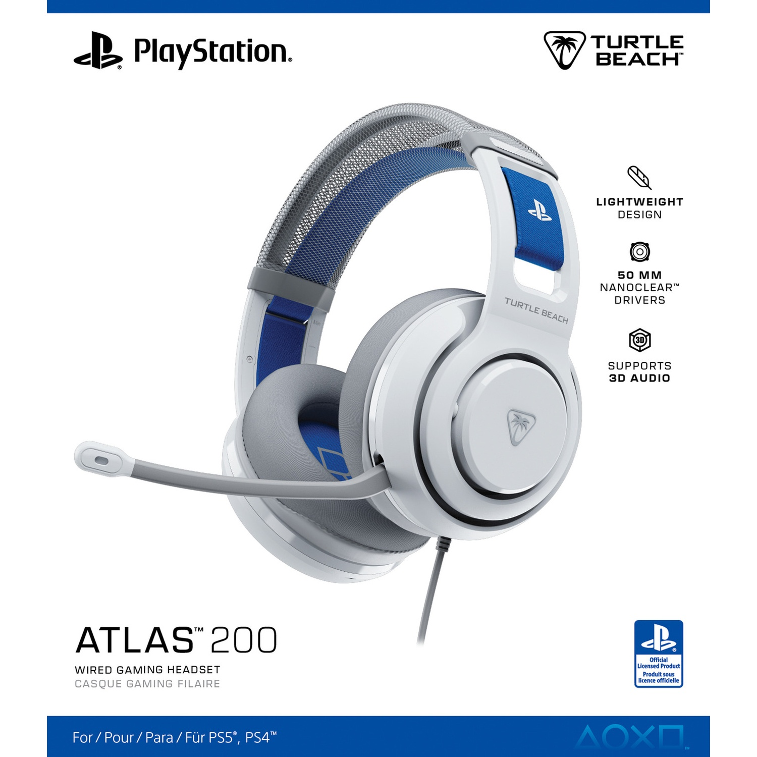 White and blue gaming headset on white background. Features include lightweight design, 50 mm drivers, supports 3D audio.