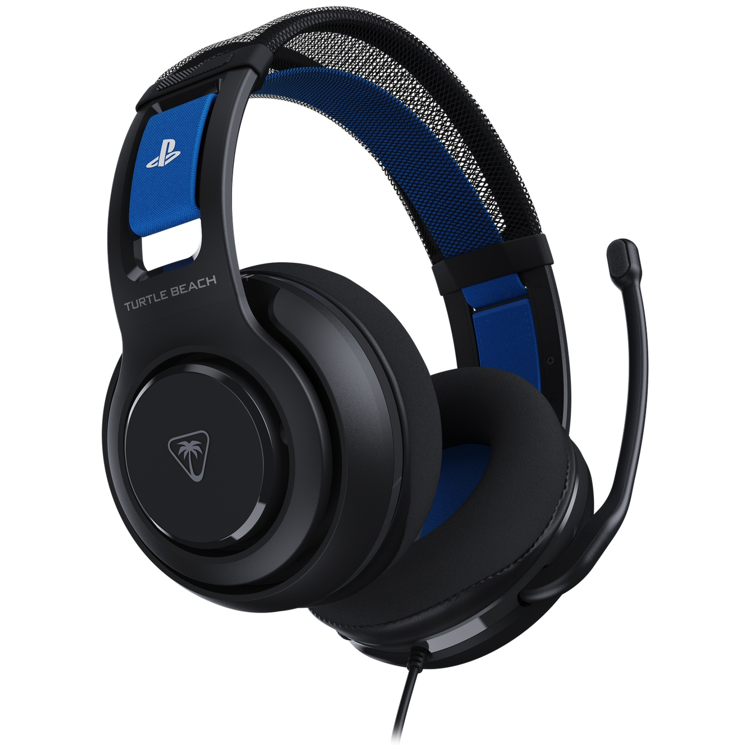 Zwarte en blauwe Turtle Beach gaming headset met een microfoon. Voorzien van een PS-logo en een palmboomlogo. De kabel is zichtbaar.