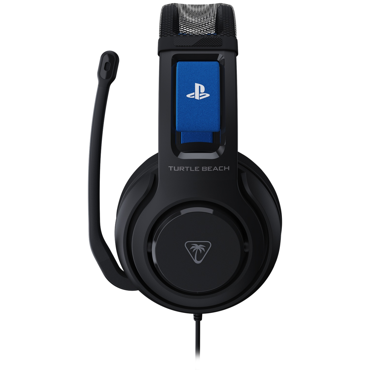 Zwarte Turtle Beach gaming headset met blauwe band met PlayStation-logo. Met microfoon en kabel.
