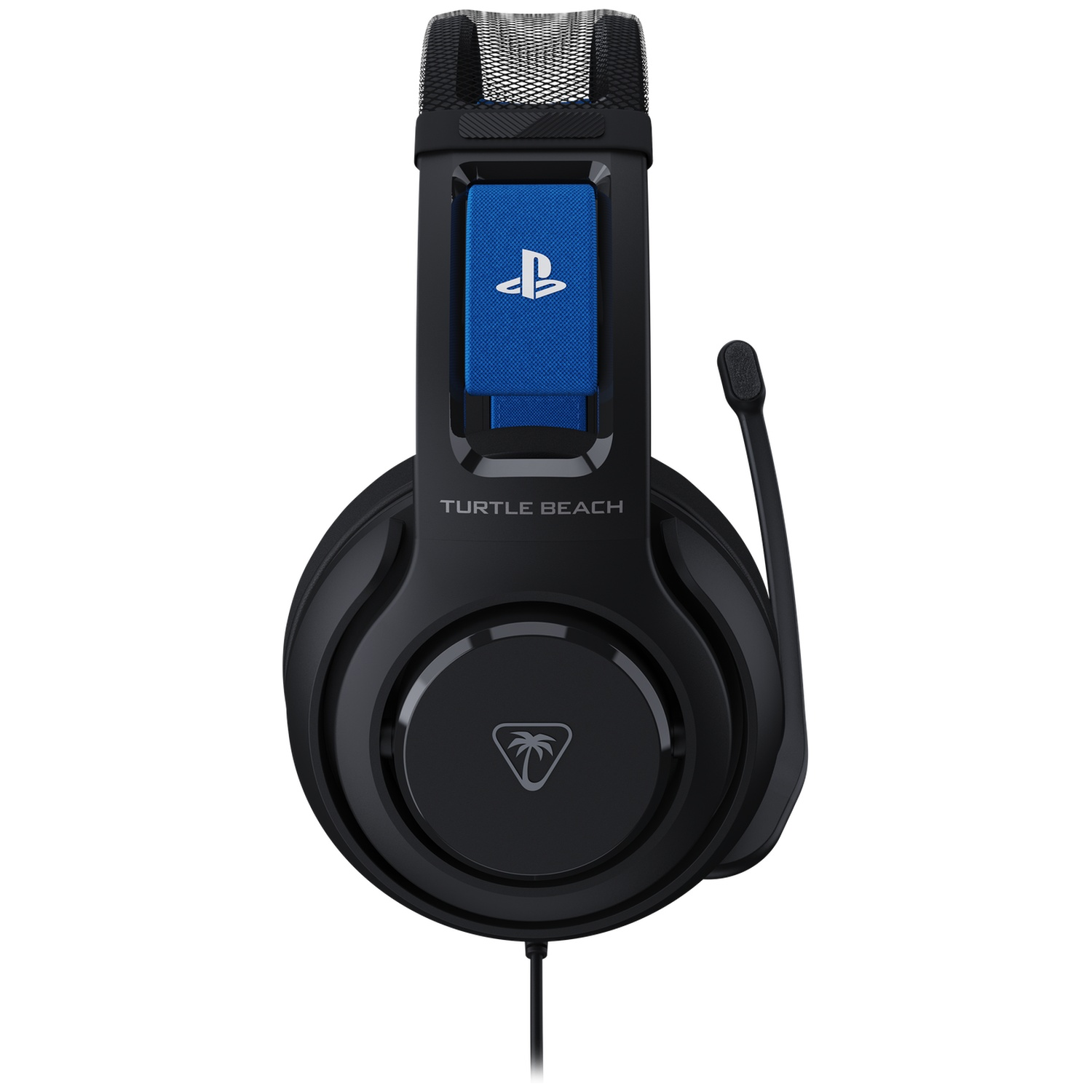 Zwarte Turtle Beach-headset met blauw PlayStation-logo. Een microfoon loopt van de linkeroorschelp. De achtergrond is wit.