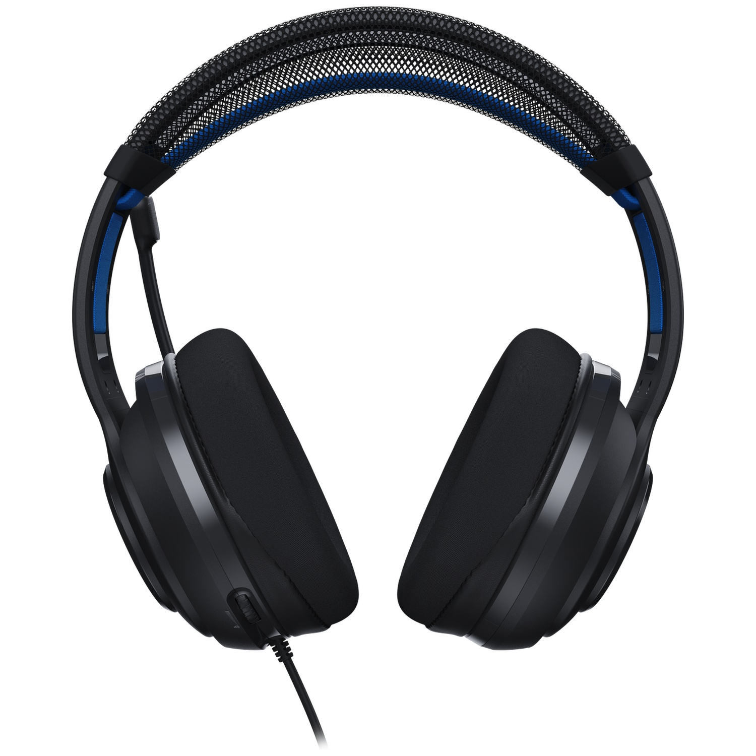 Zwarte gamingheadset met blauwe accenten. Voorzien van mesh hoofdband en grote oorschelpen. Een zwarte kabel is bevestigd.