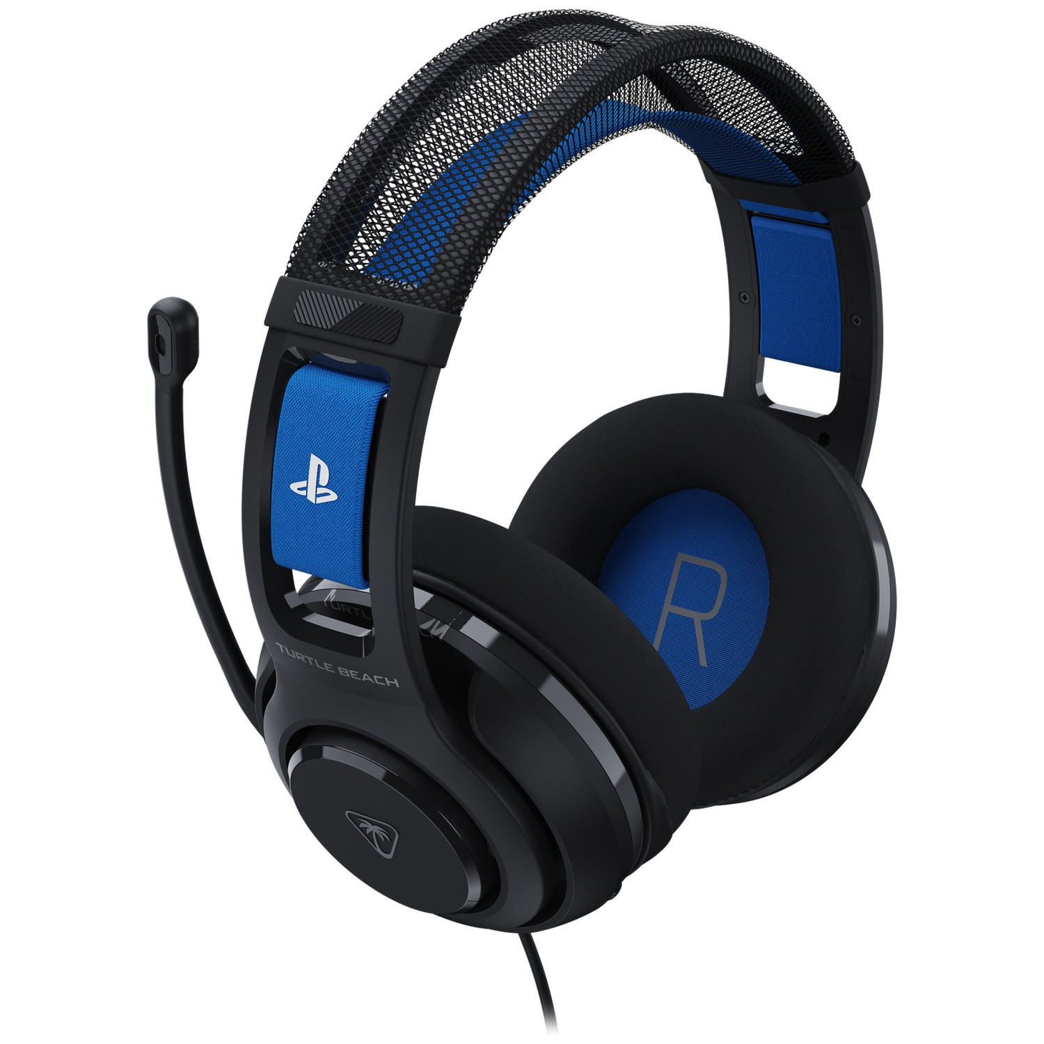 Zwarte en blauwe Turtle Beach gaming headset met een microfoon. Voorzien van een blauw PlayStation-logo en de letter 'R'.
