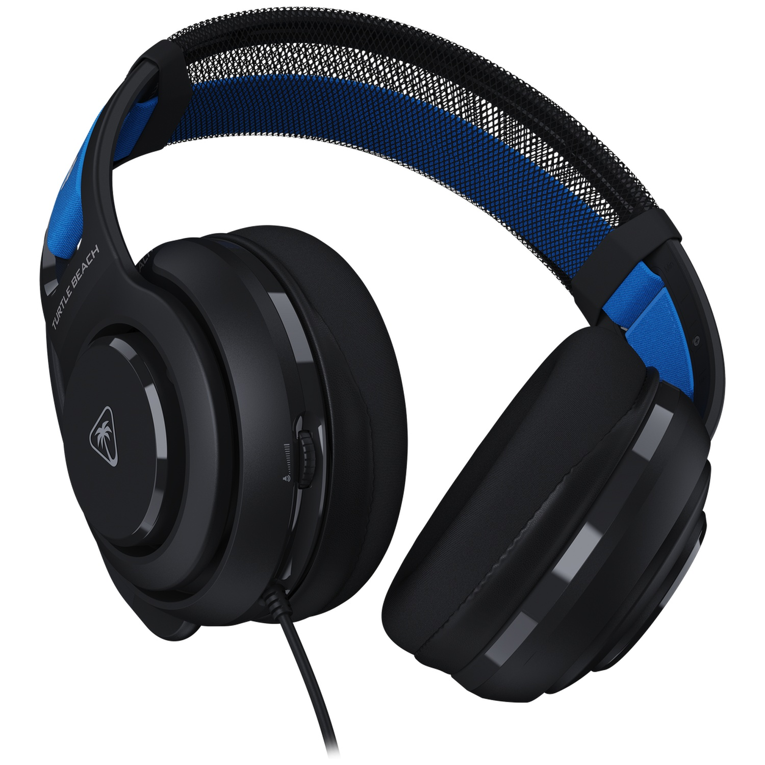 Zwarte en blauwe Turtle Beach gamingheadset. De headset heeft een zwart frame, blauwe accenten en een mesh hoofdband. Een kabel is aangesloten.