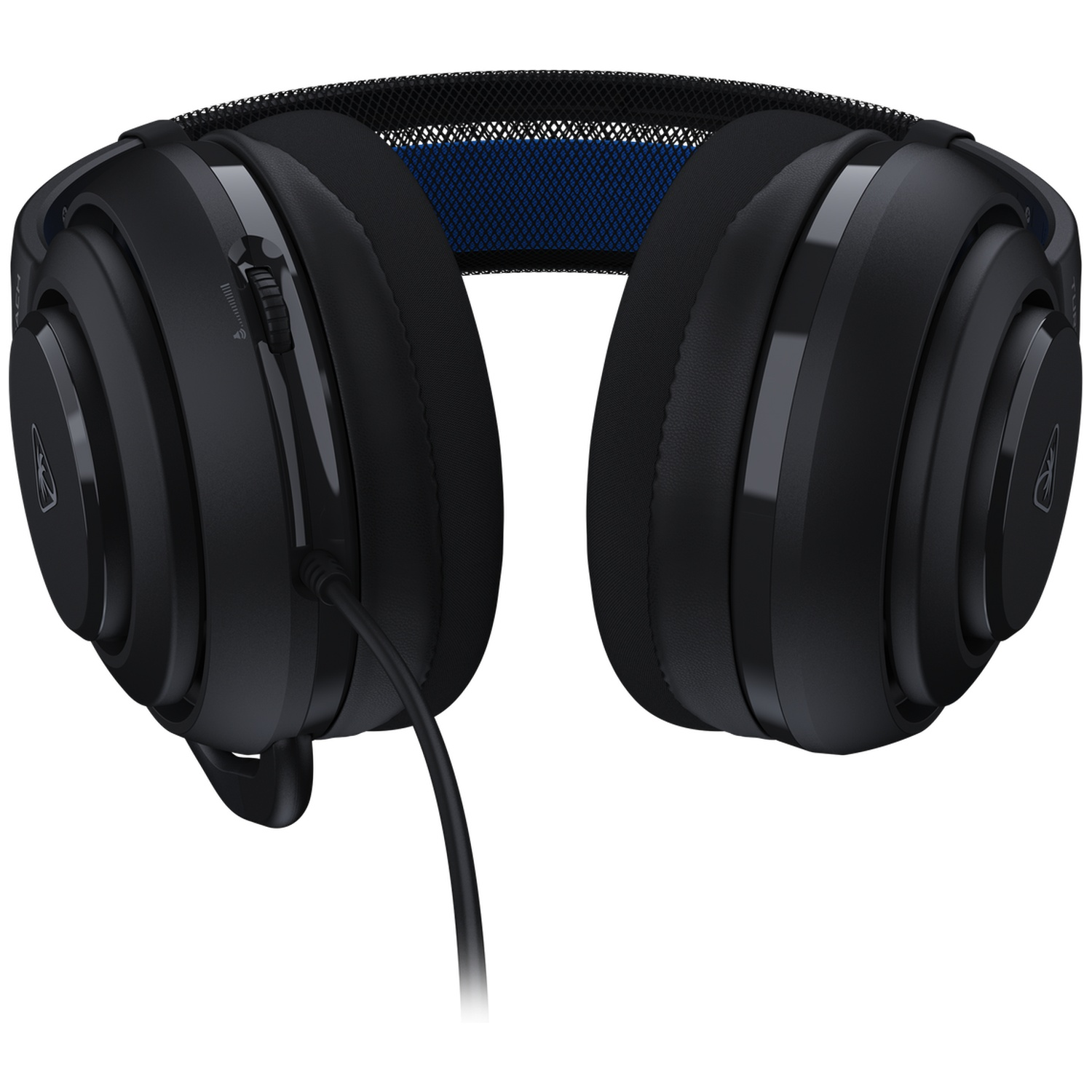 Zwarte gaming-hoofdtelefoon met een blauwe mesh-band en een zwarte kabel. Volumeregeling op de linkeroorschelp.